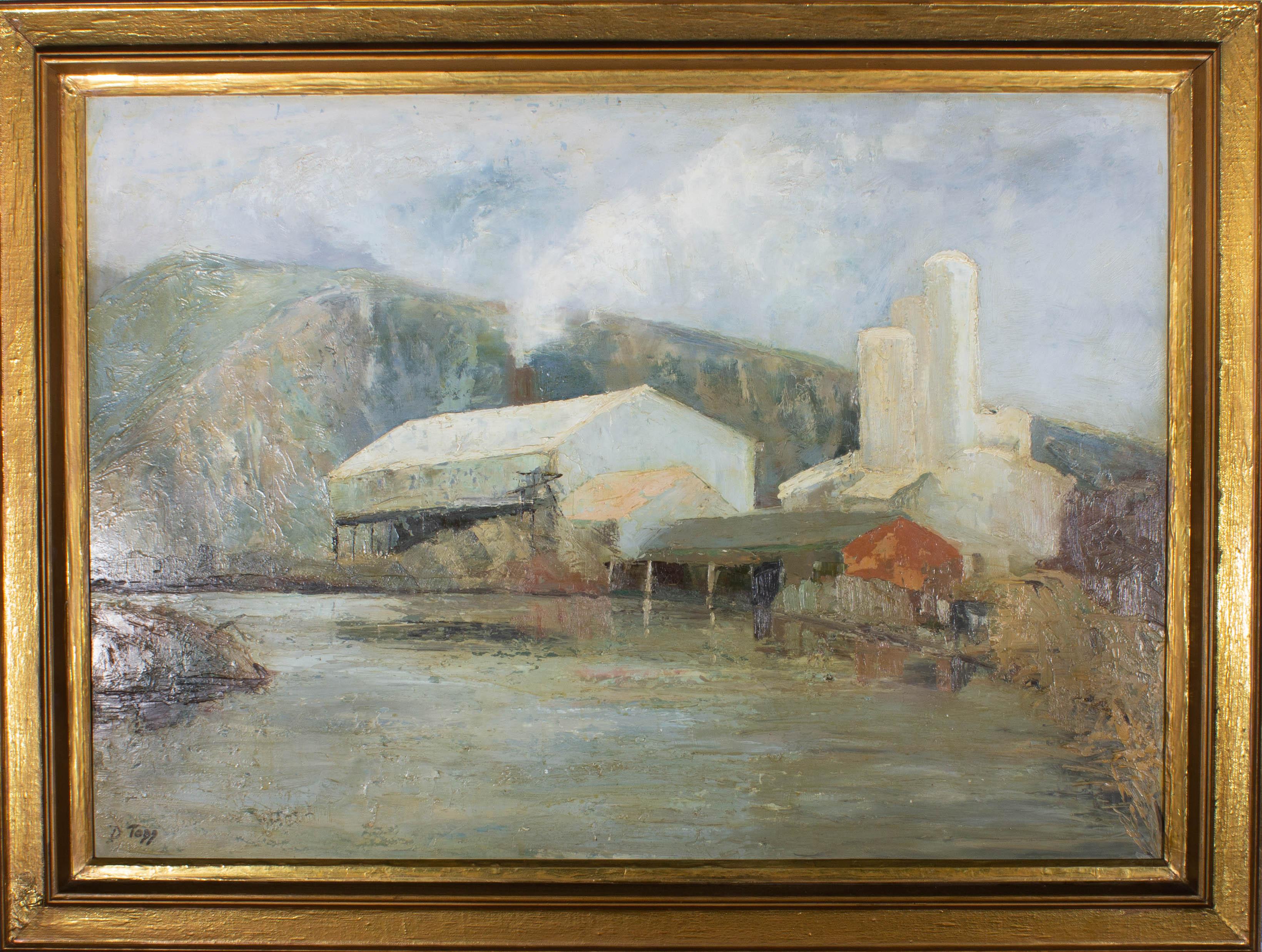 A tranquil scene depicting a mill on the river's edge with mountains in the background. Painted in an impasto technique, the artist has captured the flowing river and its surroundings in expressive brush strokes. Signed to the lower left. On board.
