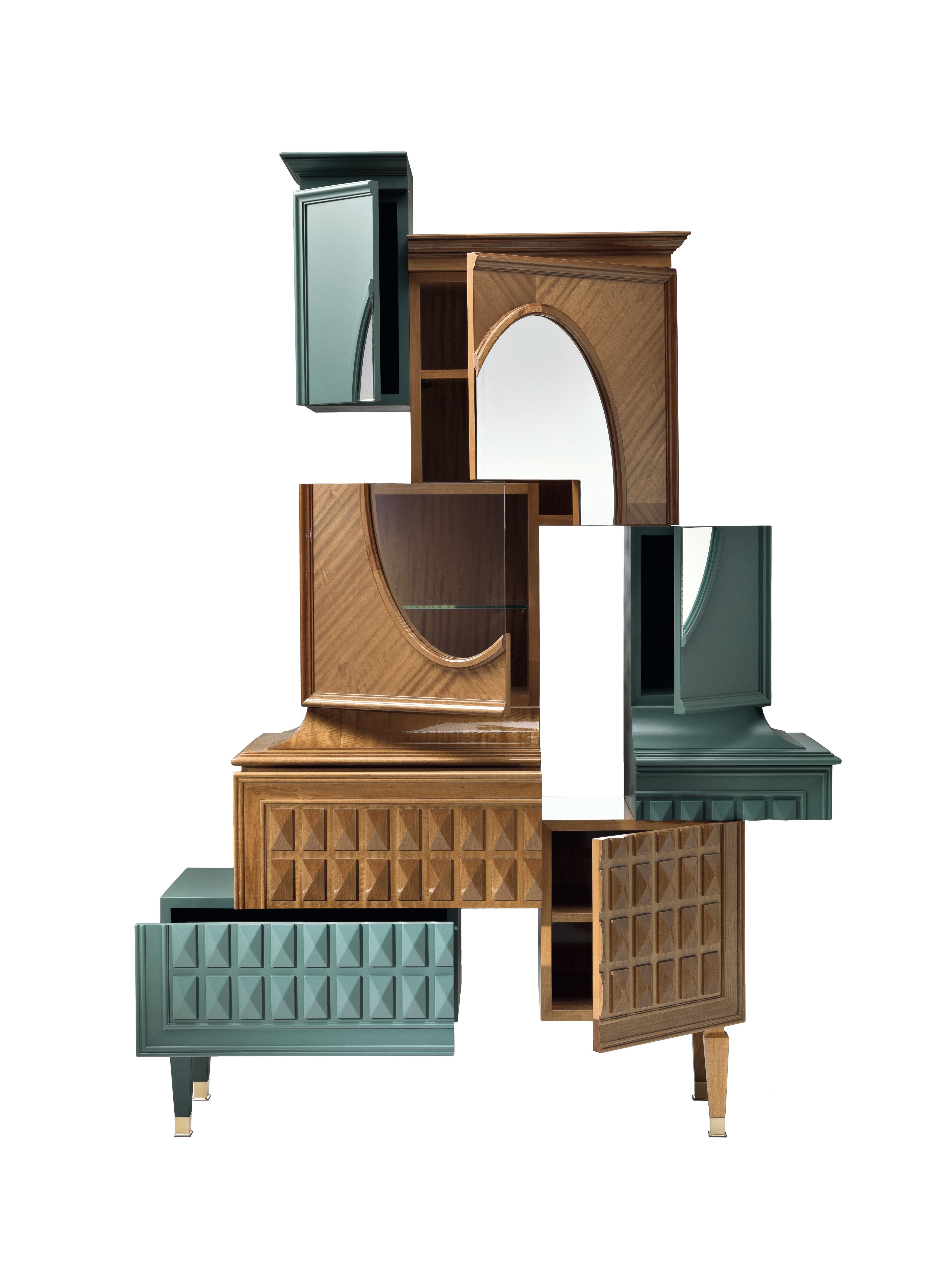 Lacquered D/Vision.2 Green Brown Deconstructed Trumeau in Solid Wood, Glass and Brass For Sale
