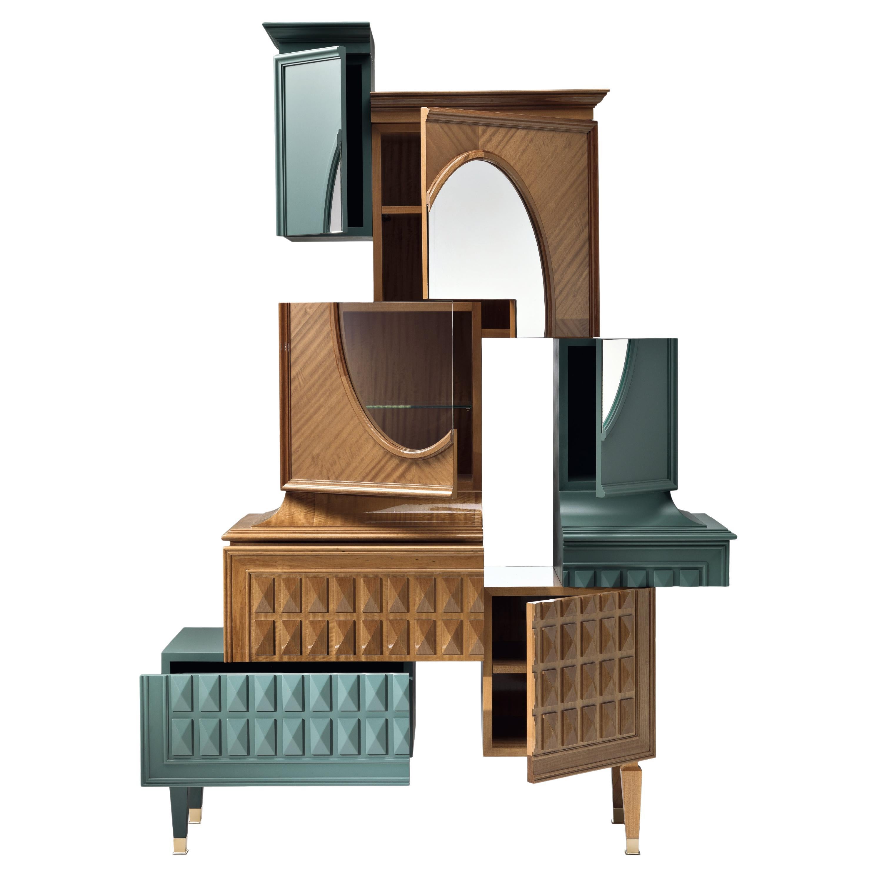 D/Vision.2 Green Brown Deconstructed Trumeau in Solid Wood, Glass and Brass