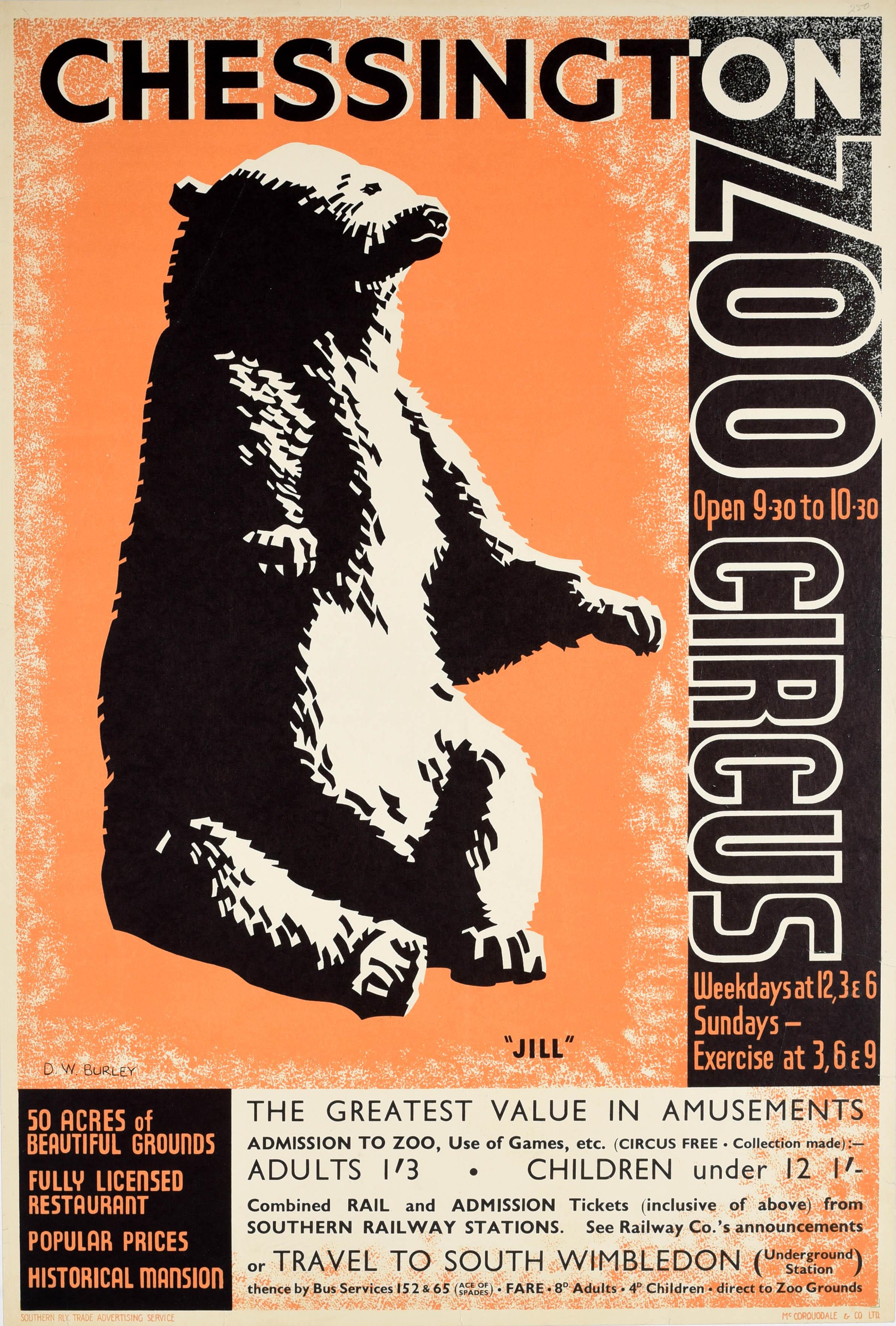 D. W. Burley Print - Original Vintage Poster Chessington Zoo Circus Bear Jill Surrey London Art Deco