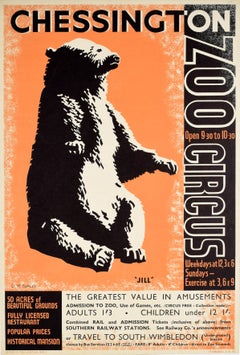 Original Vintage Poster Chessington Zoo Circus Bear Jill Surrey London Art Deco