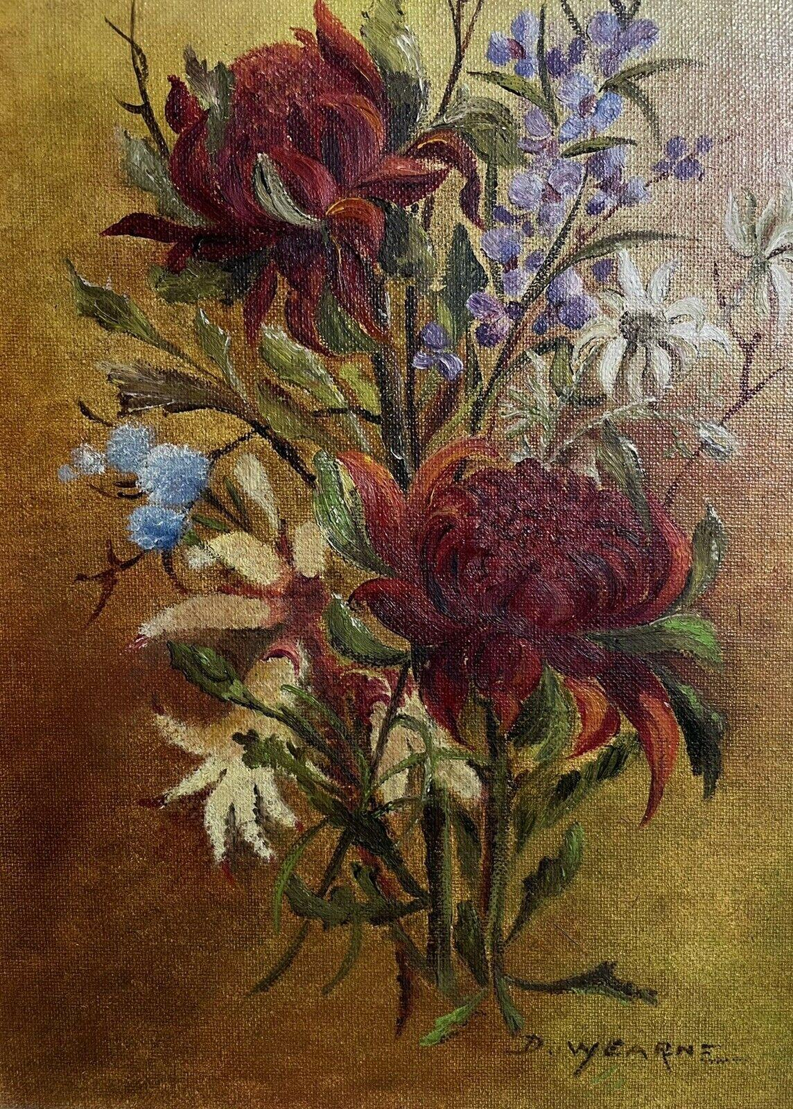 Australian Wild Flowers Signed Oil Painting Still Life, framed - Brown Still-Life Painting by D. Warne