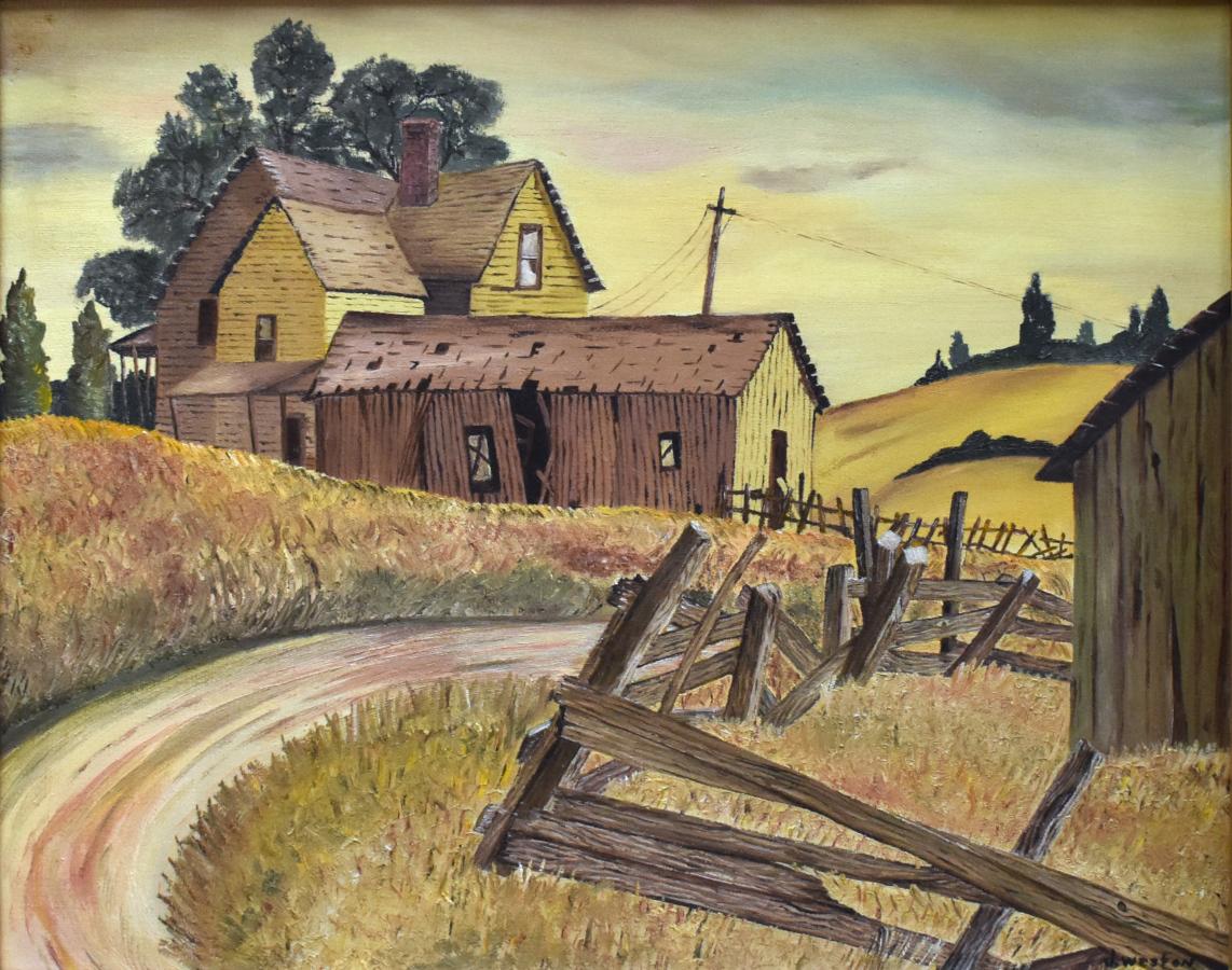 „FARMHOUSE AND BARN“ FRAMED 22 X 24 (Impressionismus), Painting, von D. Weston