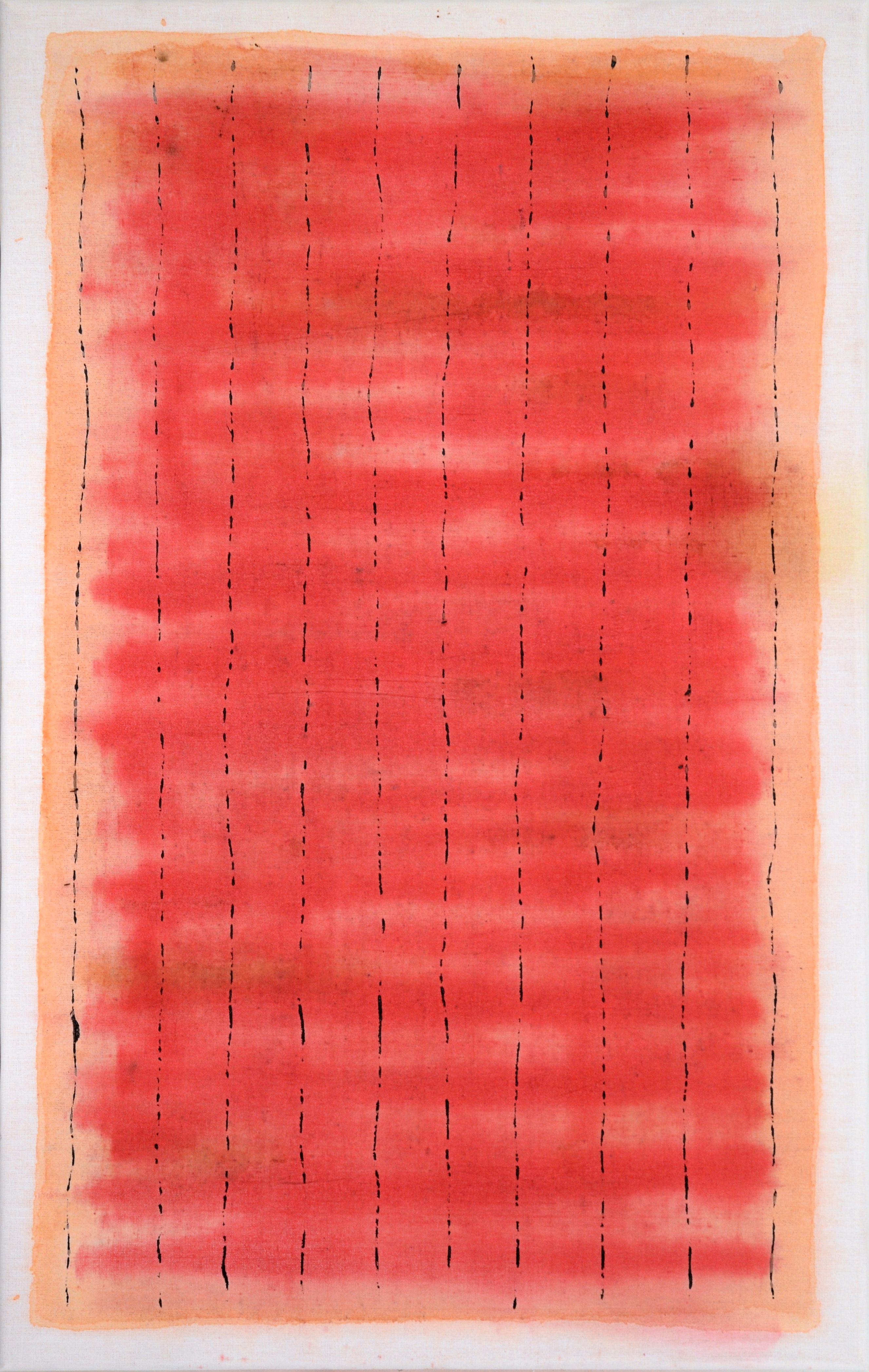 Black Lines Across a Red Field - Abstract Composition on Starched Linen - Painting by D Whalen