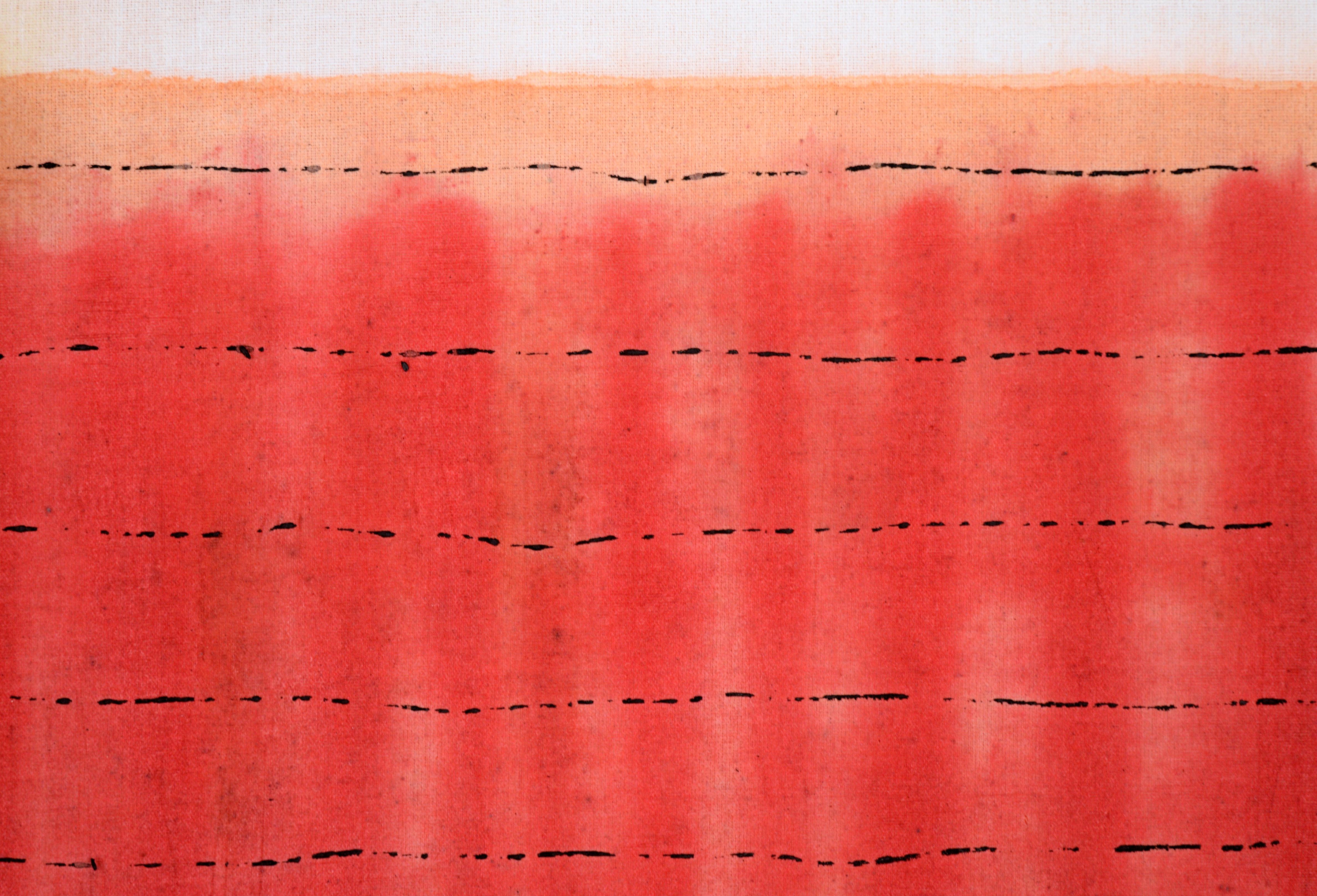 Bright abstract by D. Whelan (American, 20th Century). Vertical strokes of bright red are laid atop a peach colored background, creating a vibrant under layer. Thin broken lines of black run perpendicular to the red background. This piece could be