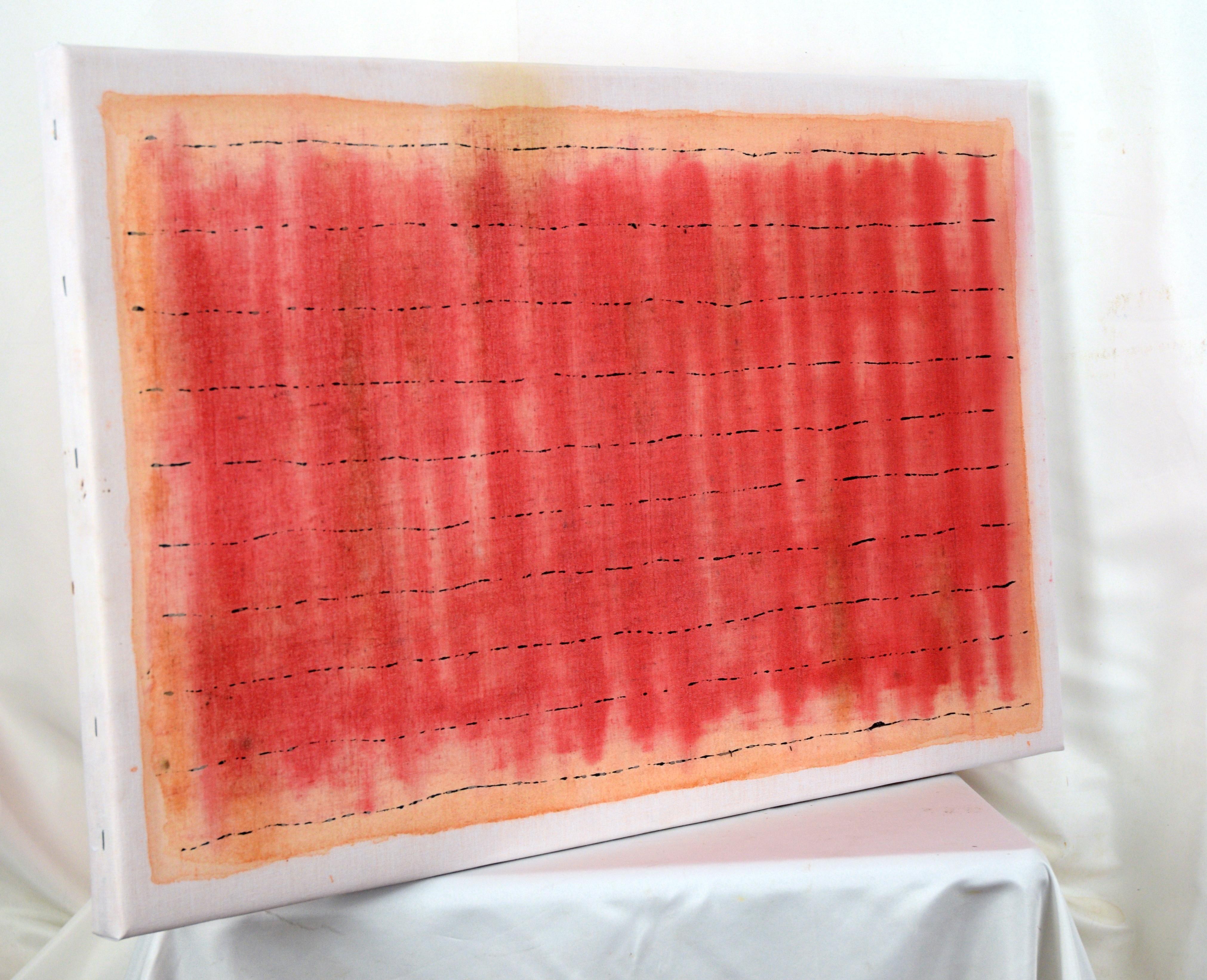 Black Lines Across a Red Field - Abstract Composition on Starched Linen For Sale 4