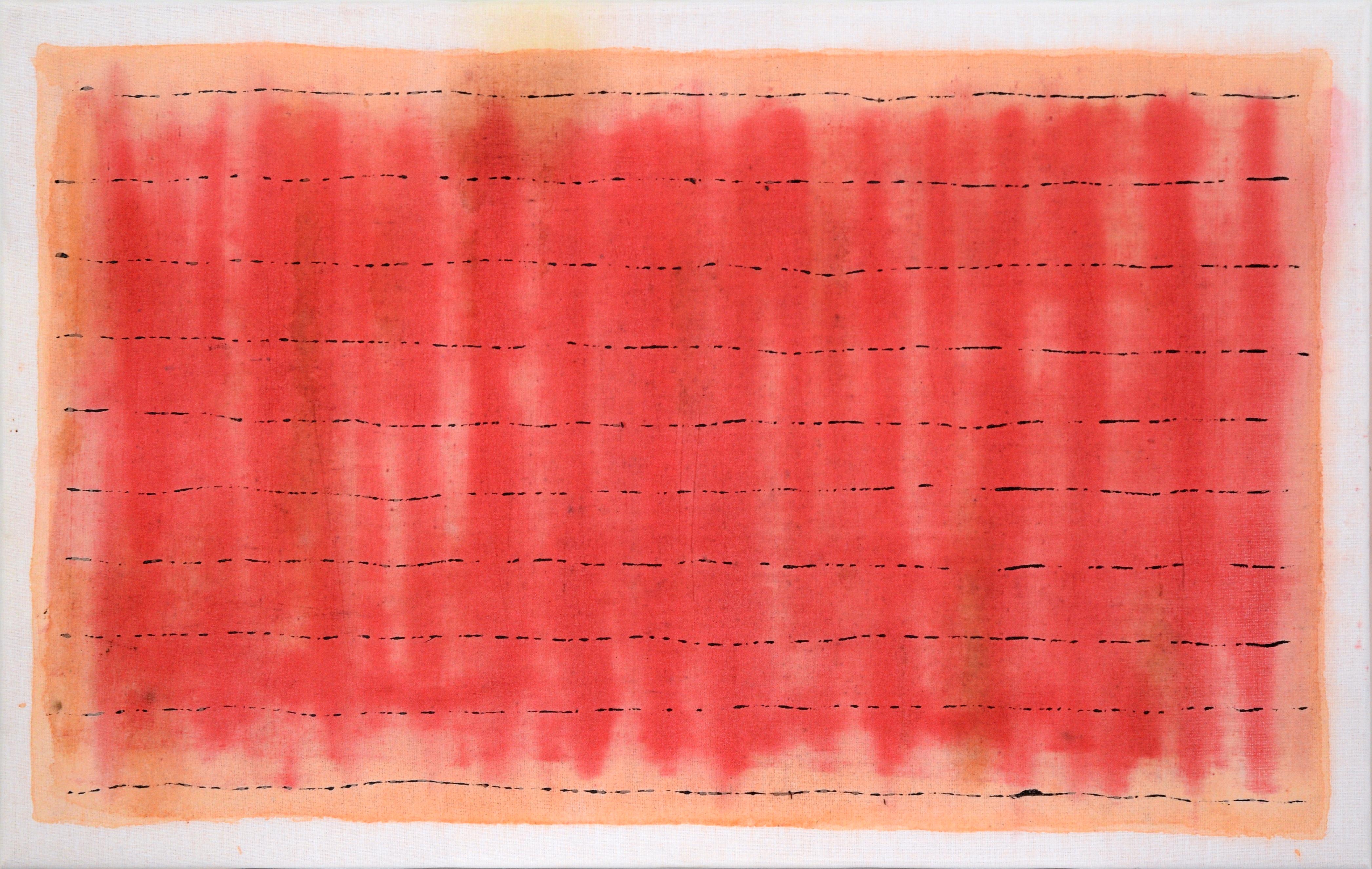 D Whalen Abstract Painting - Black Lines Across a Red Field - Abstract Composition on Starched Linen