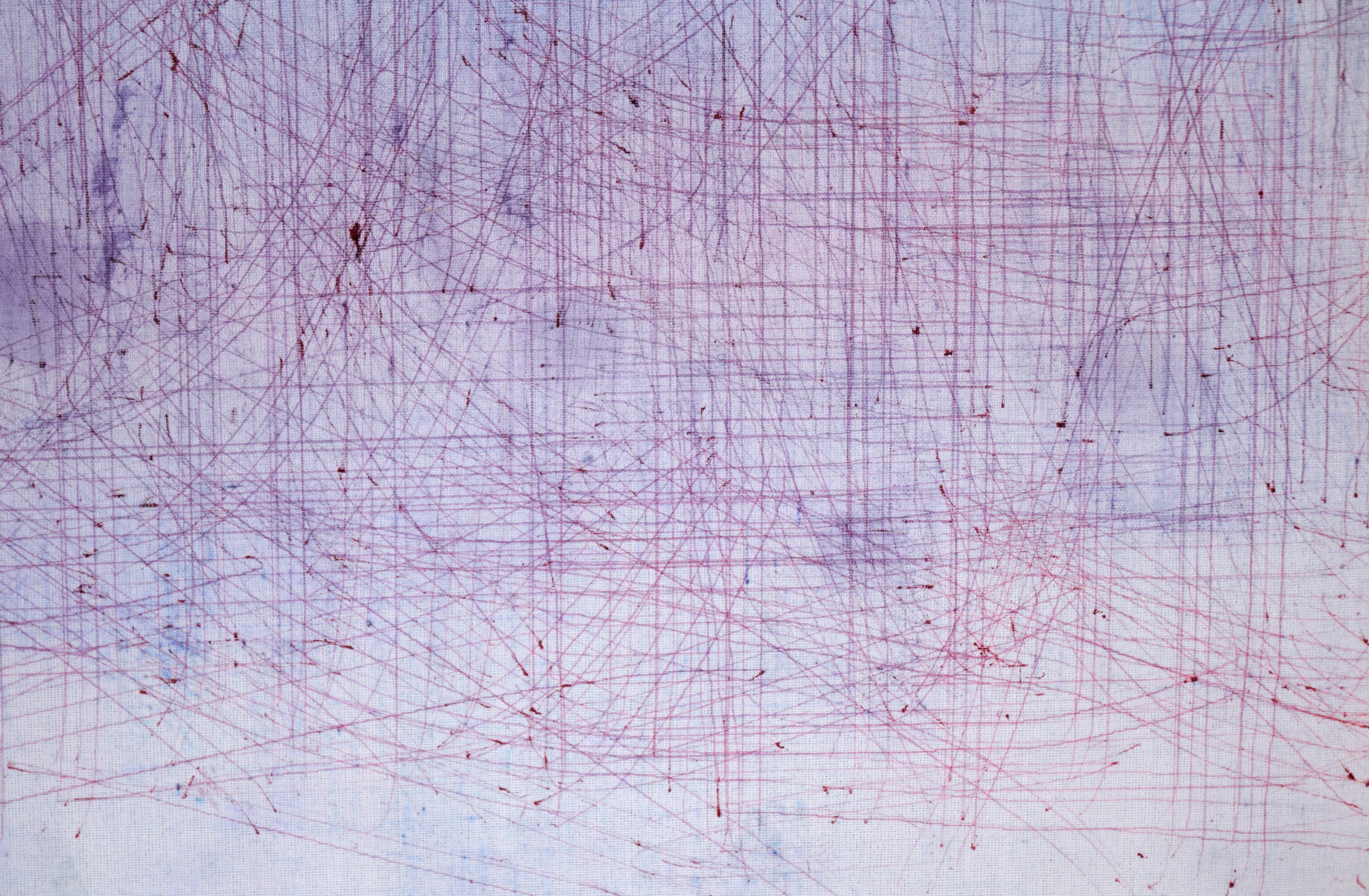 Dynamic abstract by D. Whelan (American, 20th Century). Hazy purples and blues make up the background of this piece, with a few splatters of darker colors. Over the top, reddish lines cover the surface - some parallel and straight, others