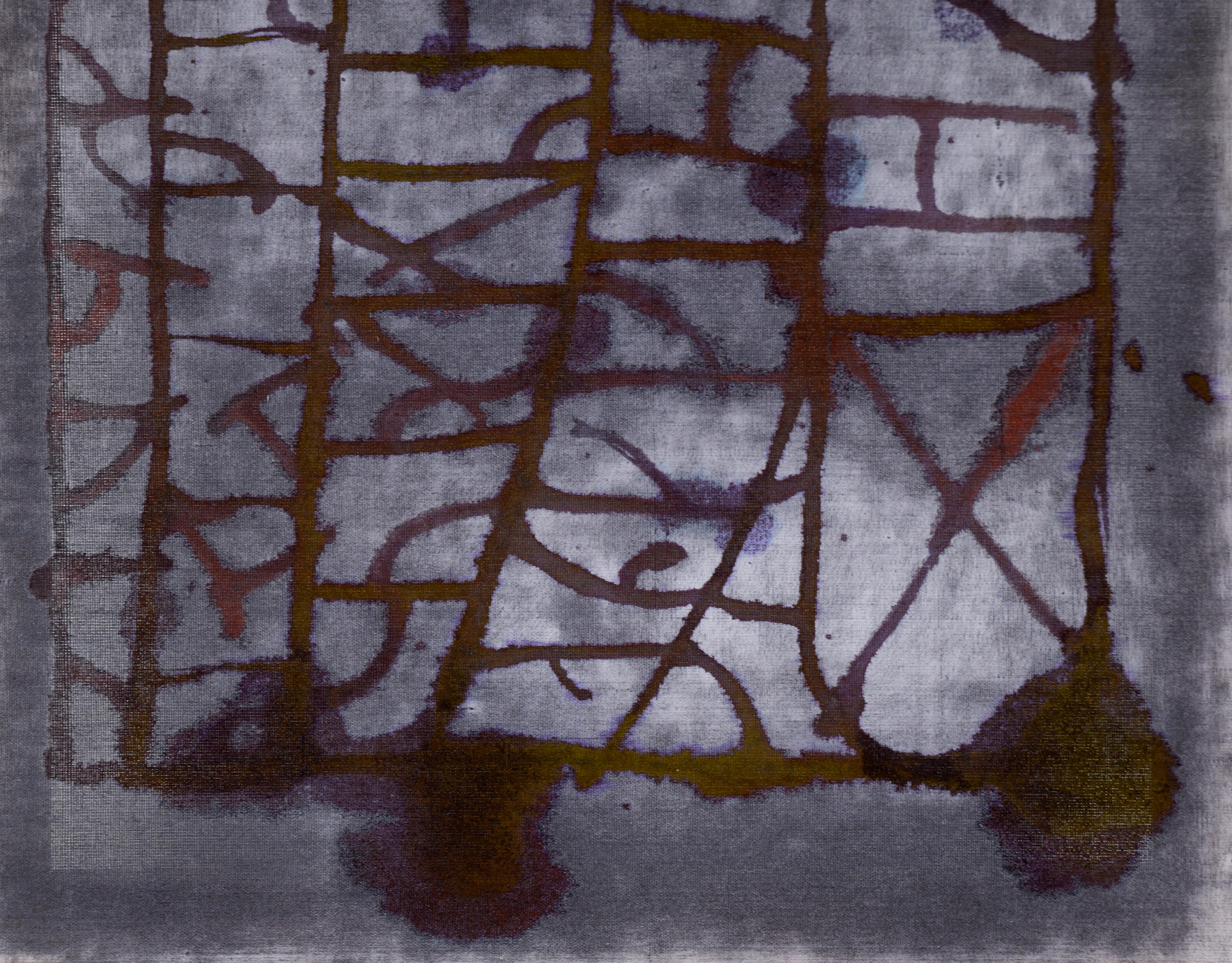 Patterned abstract by D. Whelan (American, 20th Century). A dark background of grey-blue has been unevenly applied to the linen, creating a hazy texture. There is a dark red pattern, much like a lattice or fence, over the top of the dark