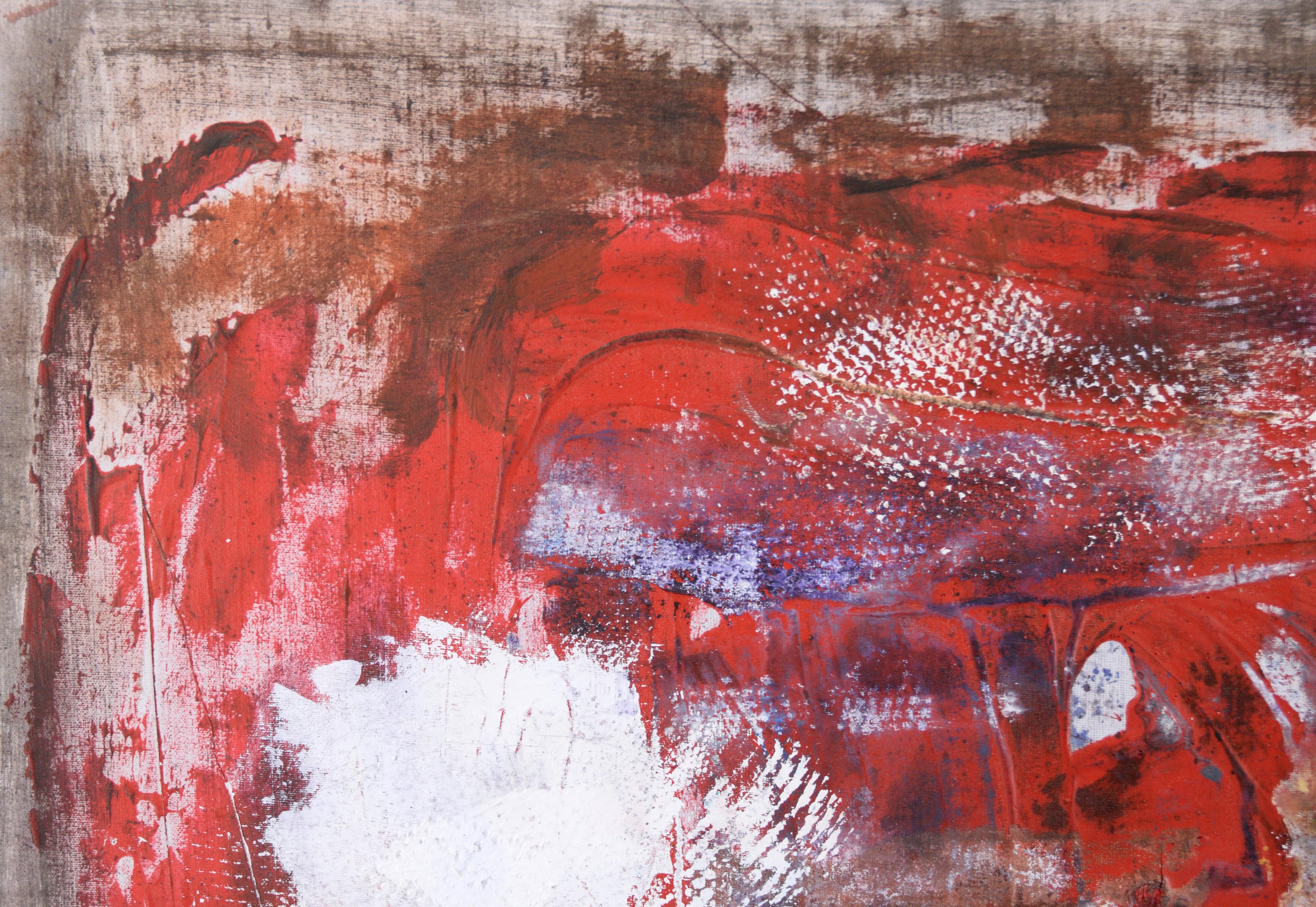 Red Splatters on  Grey Field - Abstract Expressionist in Acrylic on Linen - Painting by D Whalen