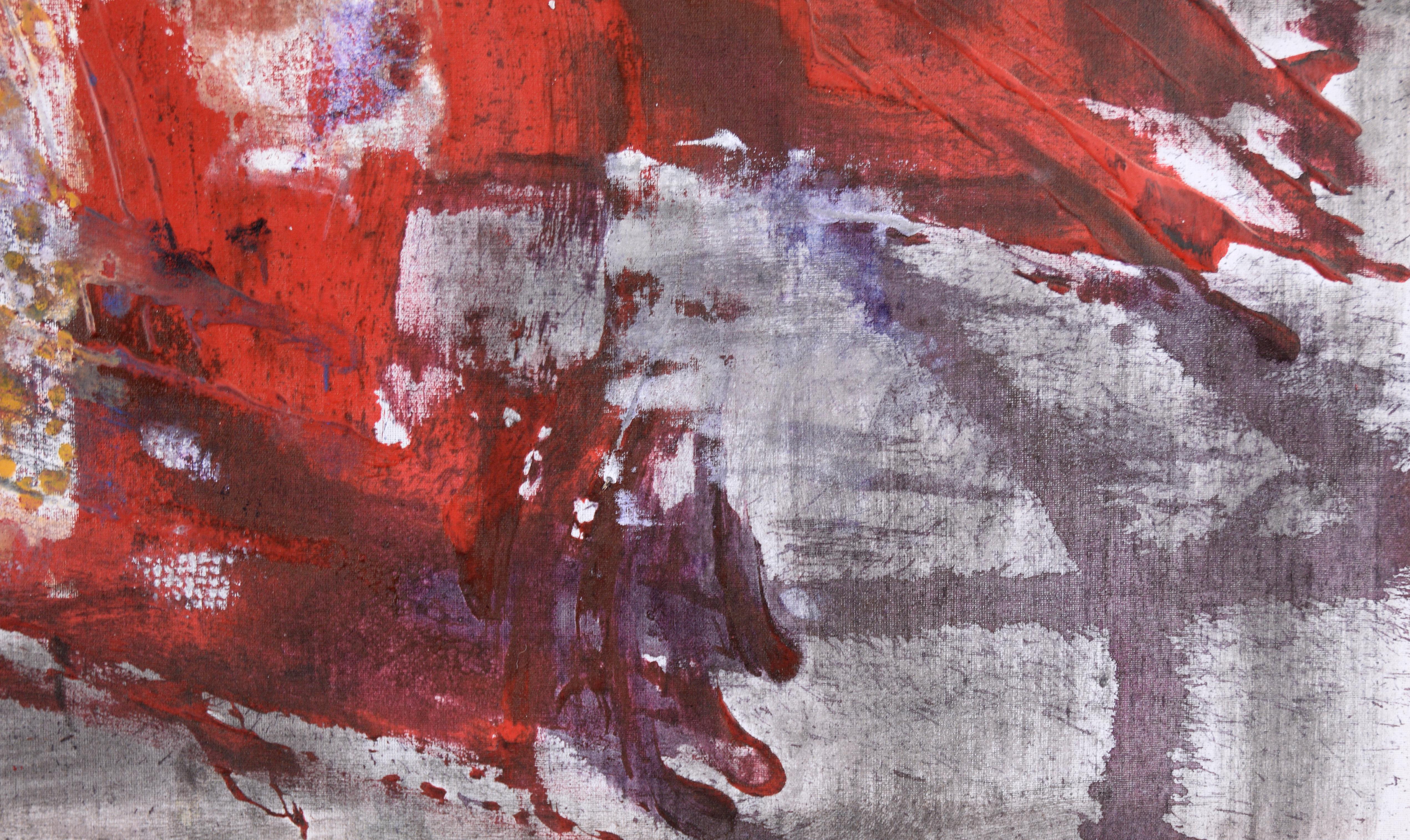 Red Splatters on  Grey Field - Abstract Expressionist in Acrylic on Linen - Gray Abstract Painting by D Whalen