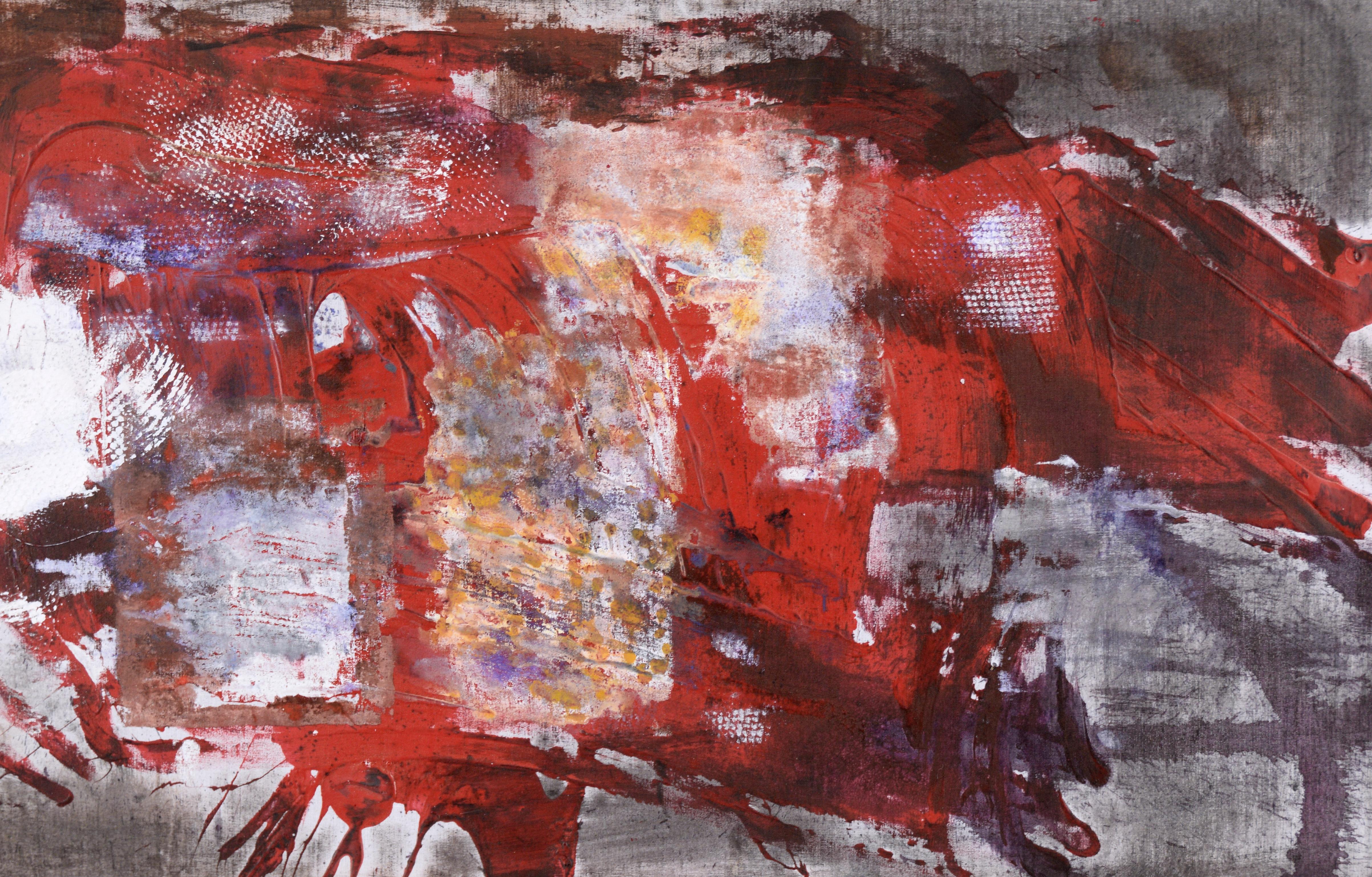 Bold abstract expressionist composition by D. Whelan (American, 20th Century). The base layer of this piece is grey and dark purple paint soaked into the linen, with layers built on top. Thick streaks of red paint comprise the majority of this