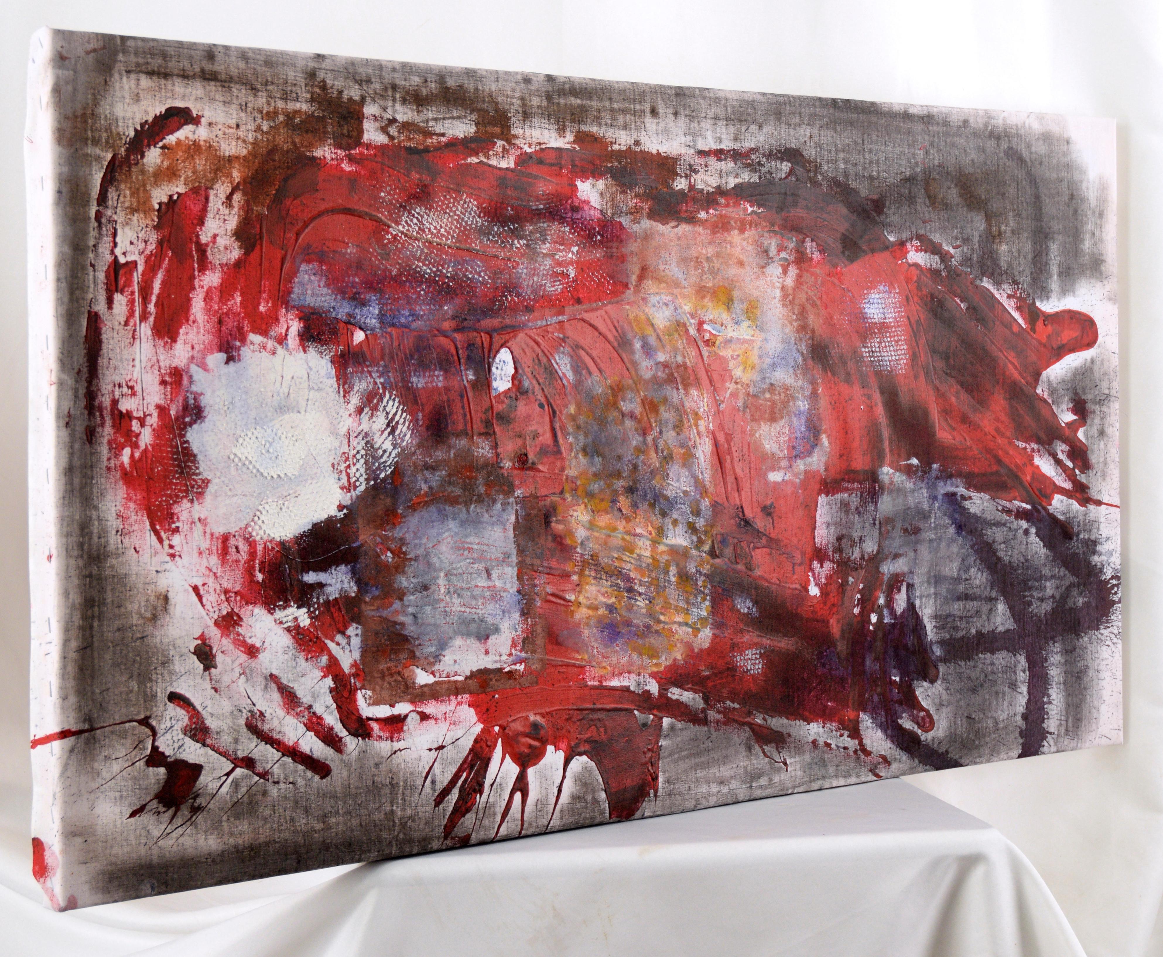 Red Splatters on  Grey Field - Abstract Expressionist in Acrylic on Linen For Sale 1