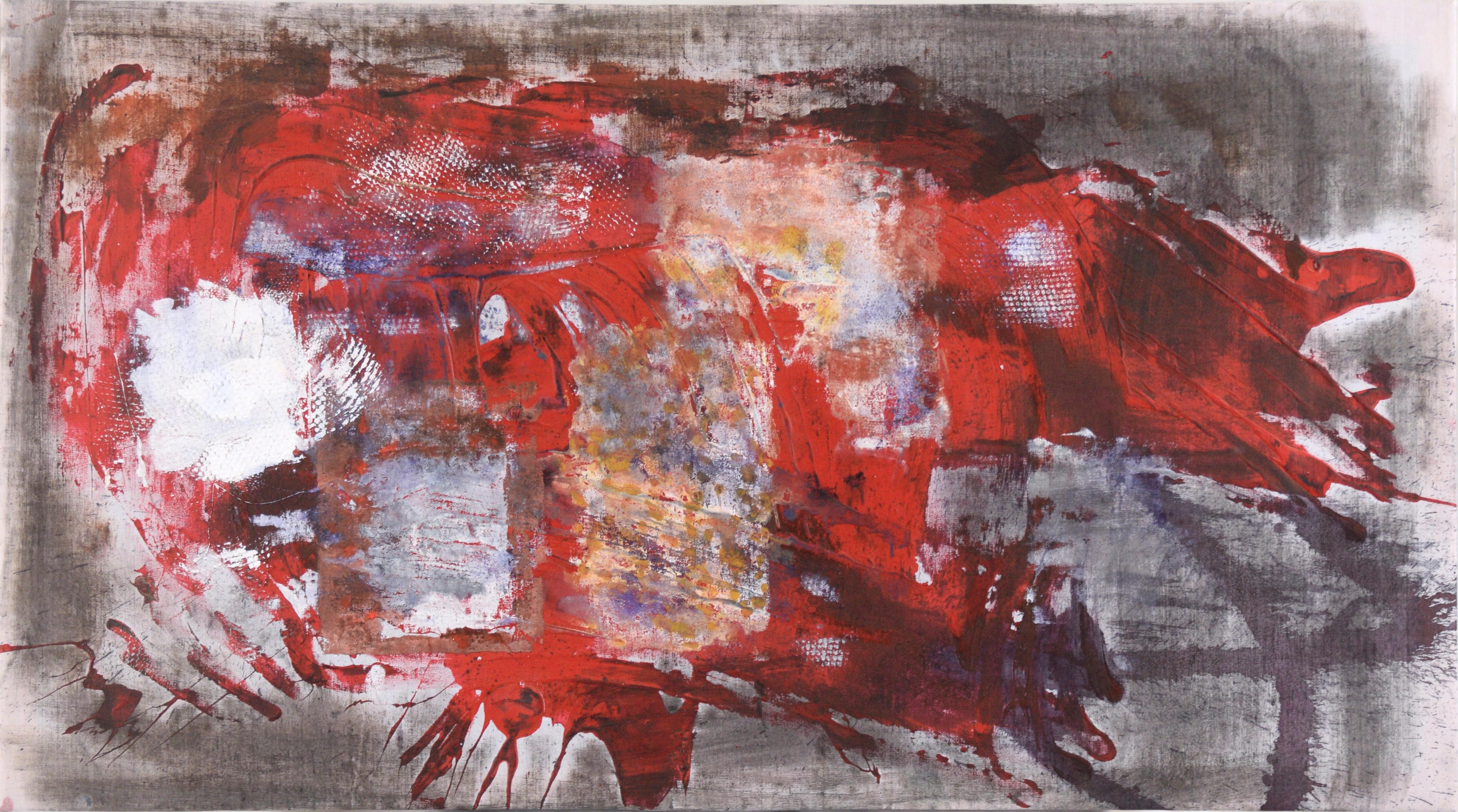 D Whalen Abstract Painting - Red Splatters on  Grey Field - Abstract Expressionist in Acrylic on Linen