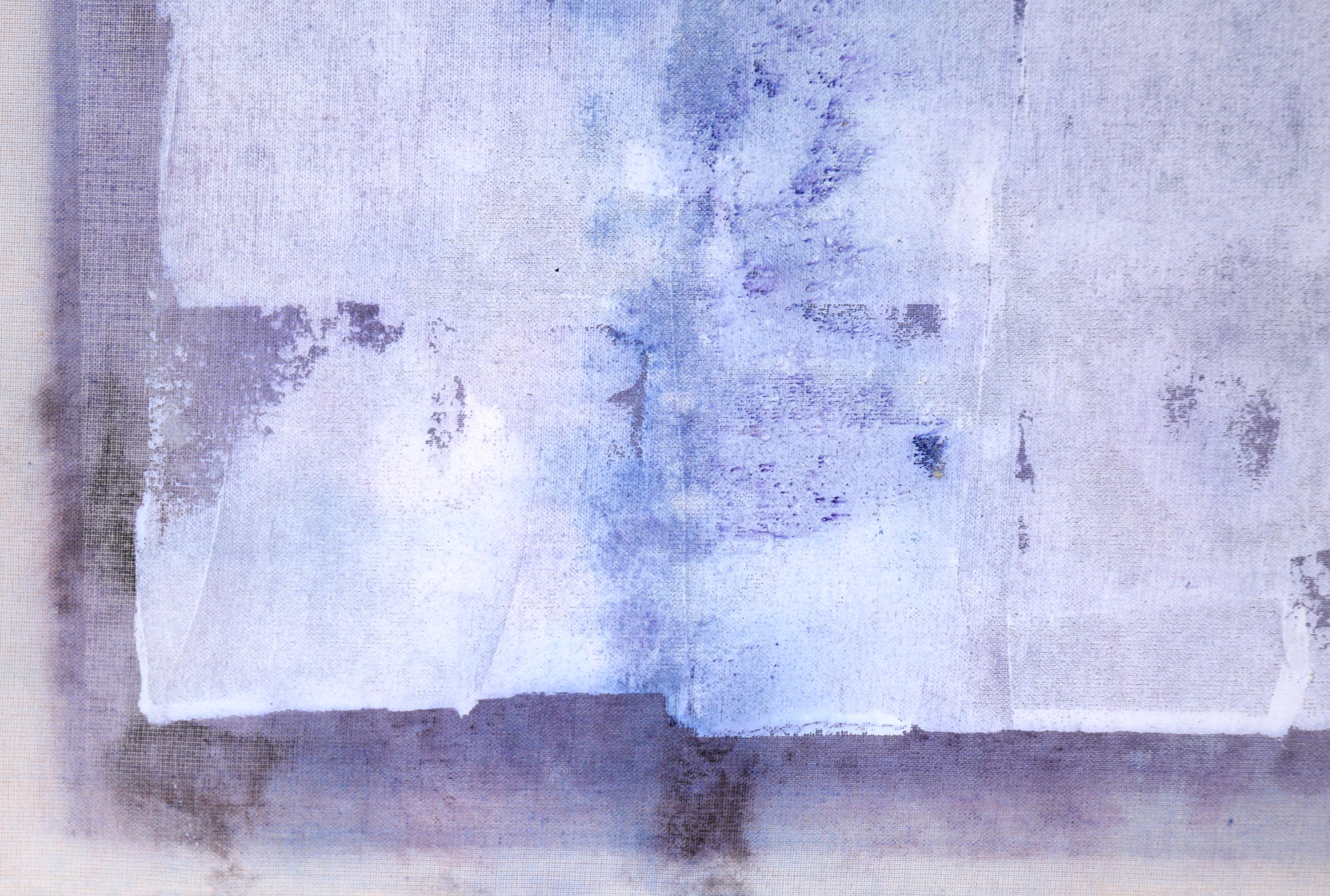 Patterned abstract by D. Whelan (American, 20th Century). A dark background of purple and blue has been unevenly applied to the linen, creating a hazy texture. Over the top of the dark background, there are patches of white that are partially