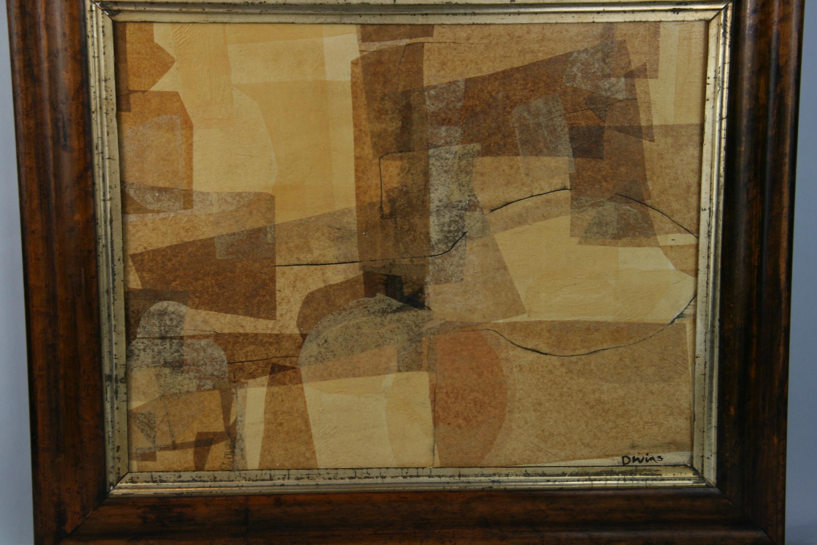 4077 Modern Cubic  geometric monochromatic oil on canvas set in a vintage wood frame signed D.Wins
Image size 15.25x19