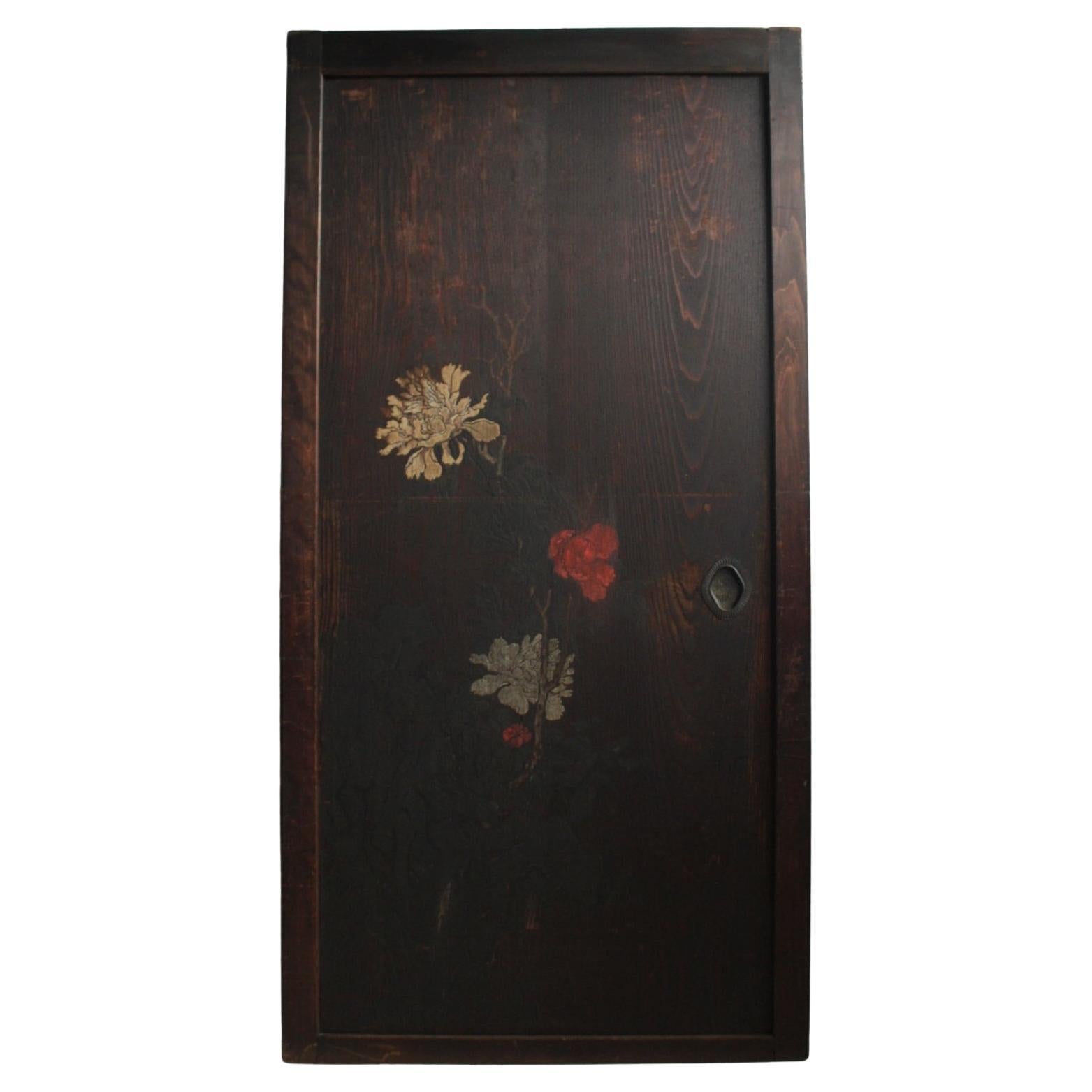D1 Antiquités japonaises Peinture sur panneau, porte coulissante, ferrures, pivoine et bambou