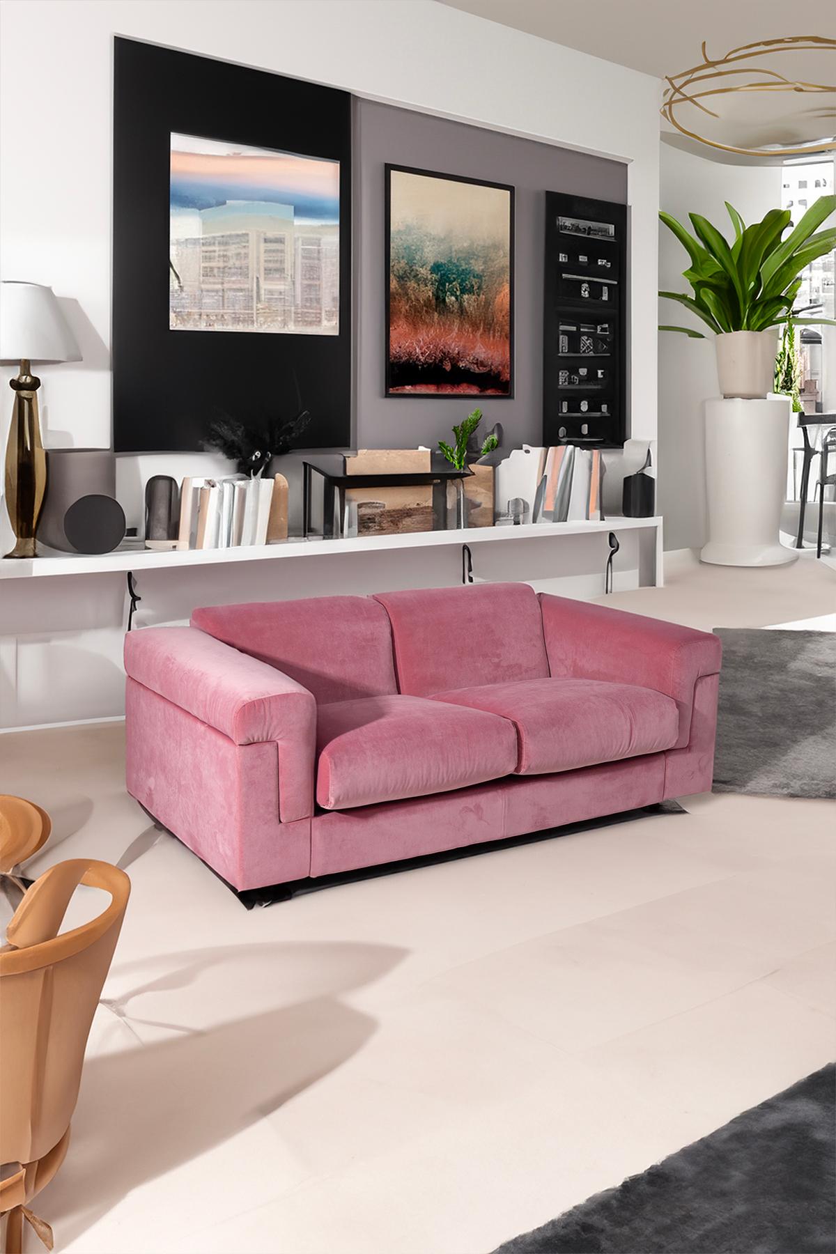 Diseñado por Valeria Borsani y Alfredo Bonetti para Tecno, el sofá D120 de los años 70 personifica la fusión de elegancia clásica y funcionalidad robusta. Esta pieza, famosa por su comodidad y estilo, presenta una lujosa tapicería de terciopelo rosa