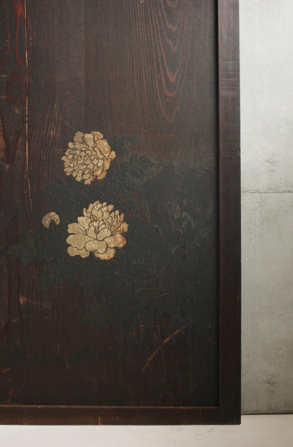 Giapponese D2 Pittura giapponese d'antiquariato, porta scorrevole, accessori, Peonia e Bambù in vendita