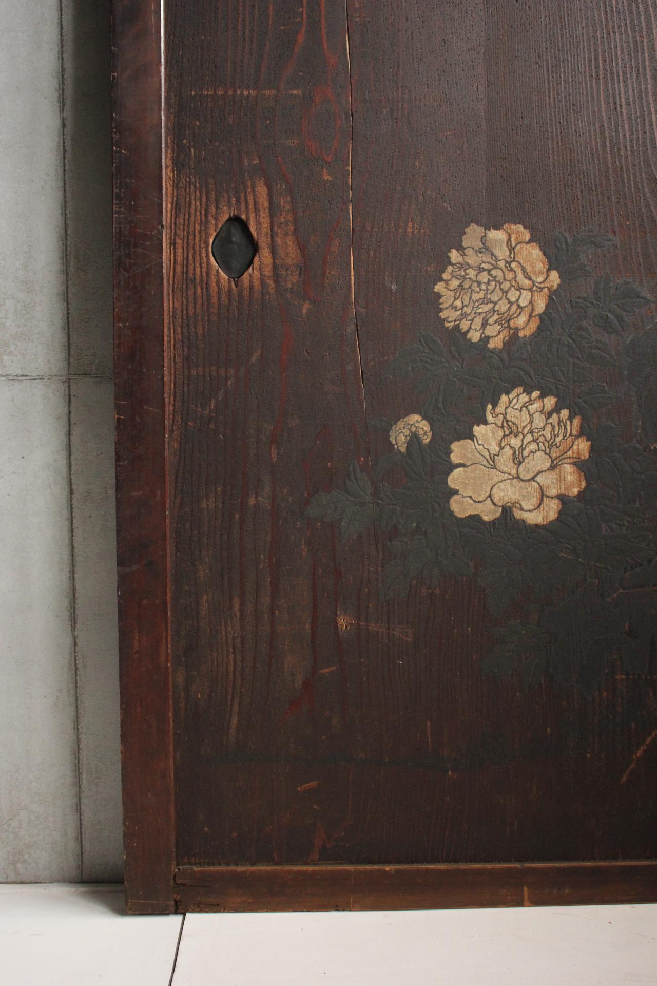 XIX secolo D2 Pittura giapponese d'antiquariato, porta scorrevole, accessori, Peonia e Bambù in vendita