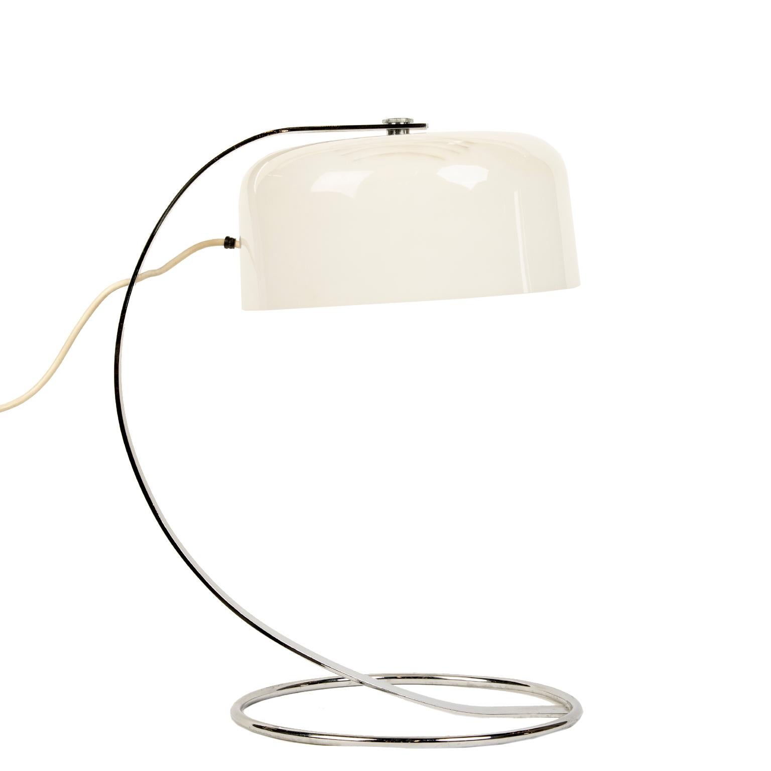 A cool Modernist desk lamp with opaque acrylic white shade and chrome metal base by RAAK, Amsterdam.
