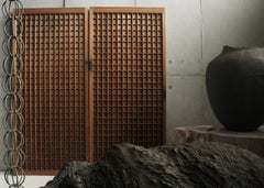 D6 Japanese Antiques two small doors, fittings, Cedar, square lattice