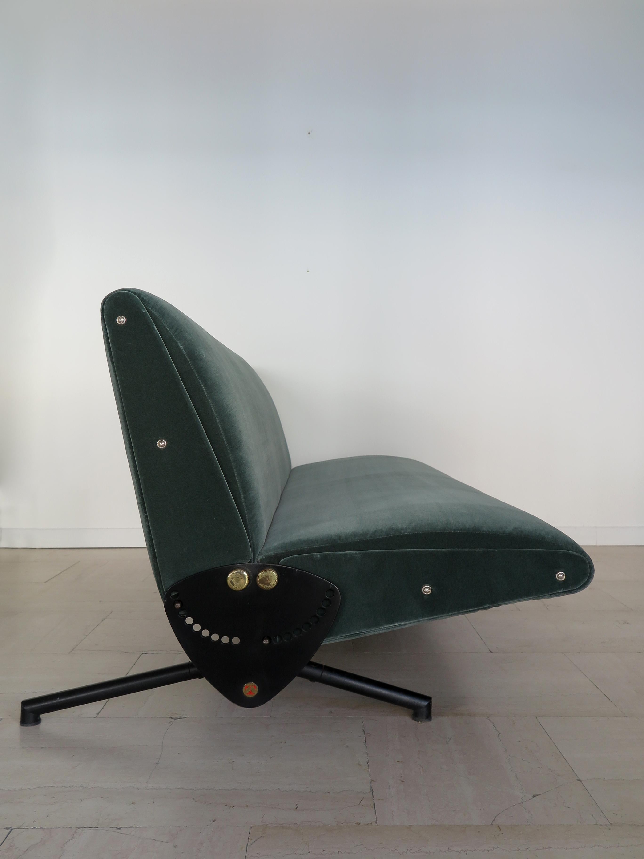 Metal D70 Osvaldo Borsani Italian Green Blue Velvet Sofa for Tecno 1954 For Sale