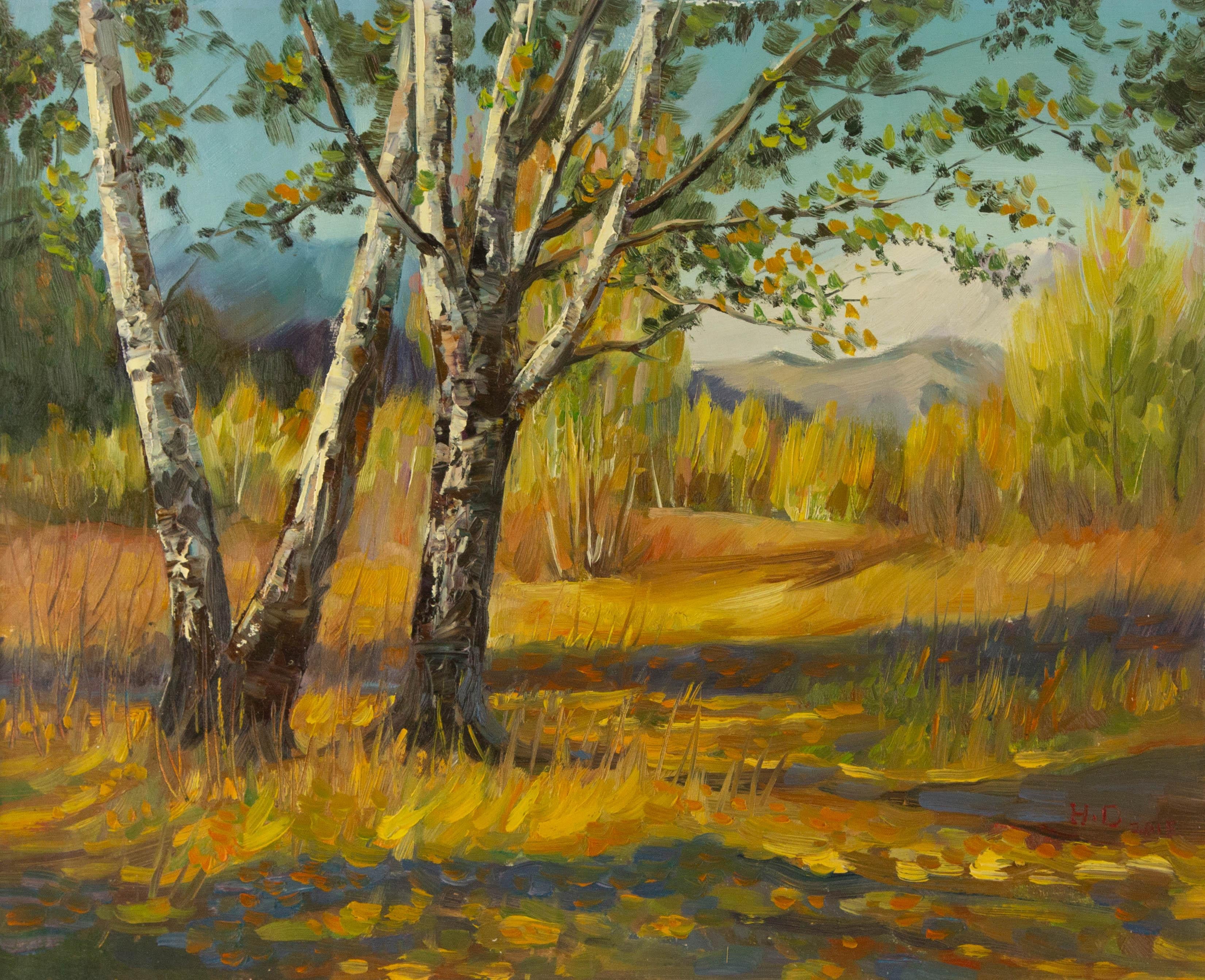  Title: Birch Trees
 Medium: Oil on canvas
 Size: 16 x 19.5 inches
 Frame: Framing options available!
 Condition: The painting appears to be in excellent condition.
 Note: This painting is unstretched, shipped rolled unless stretching/framing is
