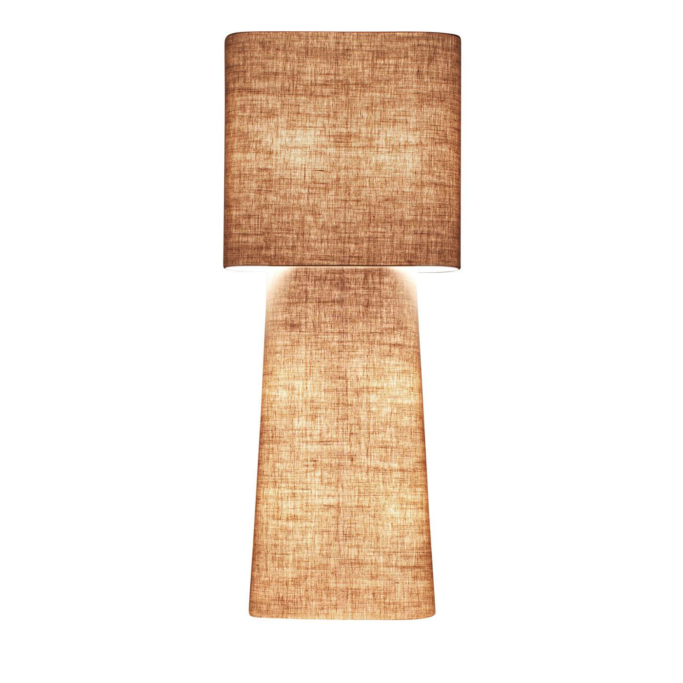 This deluxe Dabliu extra large floor lamp features a satin stainless steel structure and double lampshade available in cream chiffon fabric, gray sarabanda, white sarabanda and pure linen. The innovative design ensures it will make a statement in