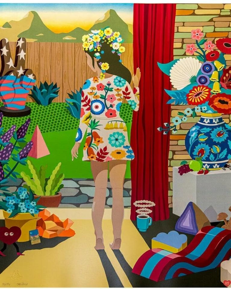 Year: 2020
Dimensions: 23 x 30 inches
Print Details: 12 screens CMYK + 7 spot colors, Satin Varnish, Full-bleed straight cut edges
Paper: Sappi McCoy Silk White 130# cover
Edition Size: Limited to 150 prints
Signature: Signed, numbered, and embossed