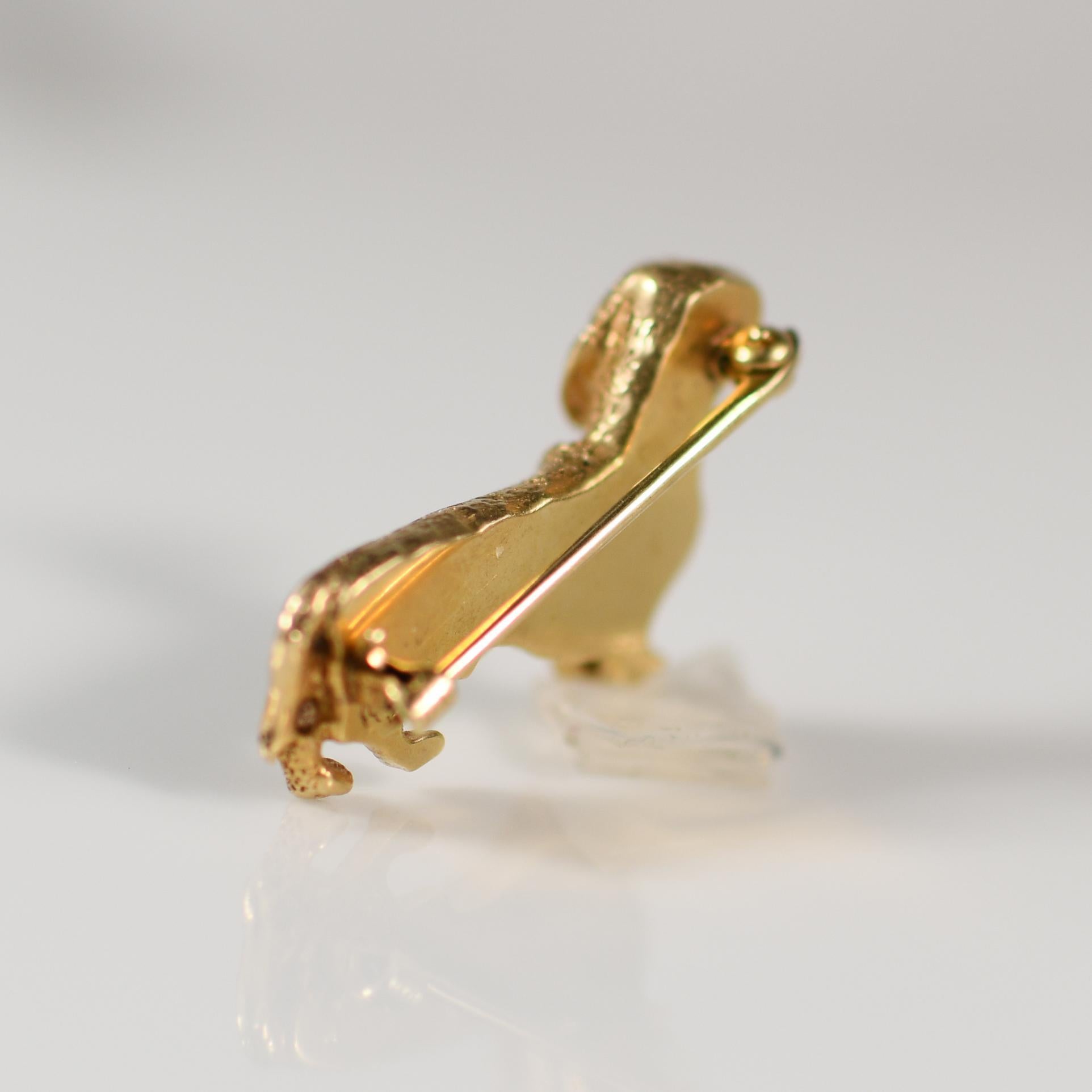 Round Cut Dachshund 14K Yellow Gold Ruby Eye Dog Brooch by William Ruser