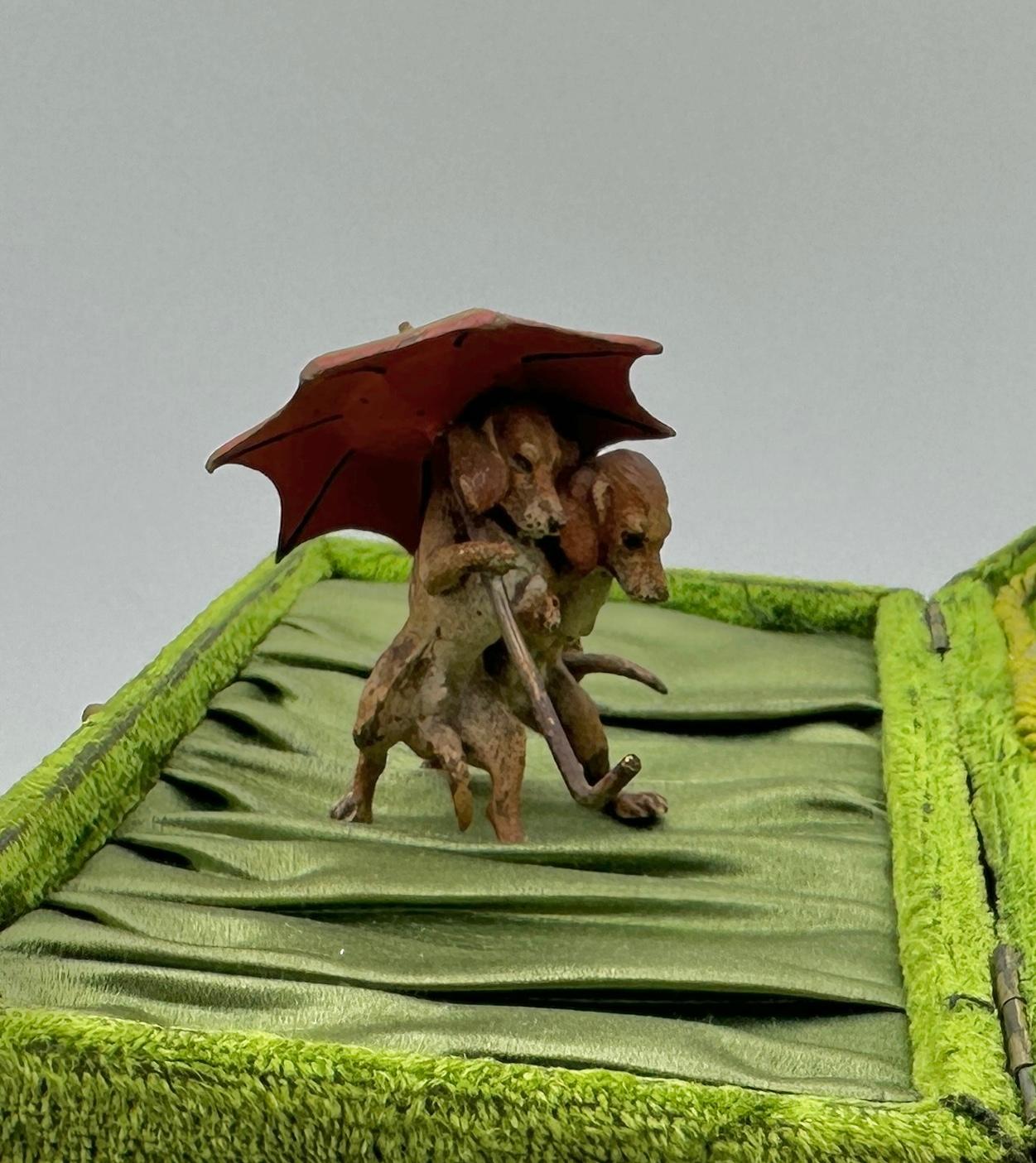 Gilded Age Dachshund Dog Couple Austrian Vienna Bronze circa 1900 Walking Under Umbrella