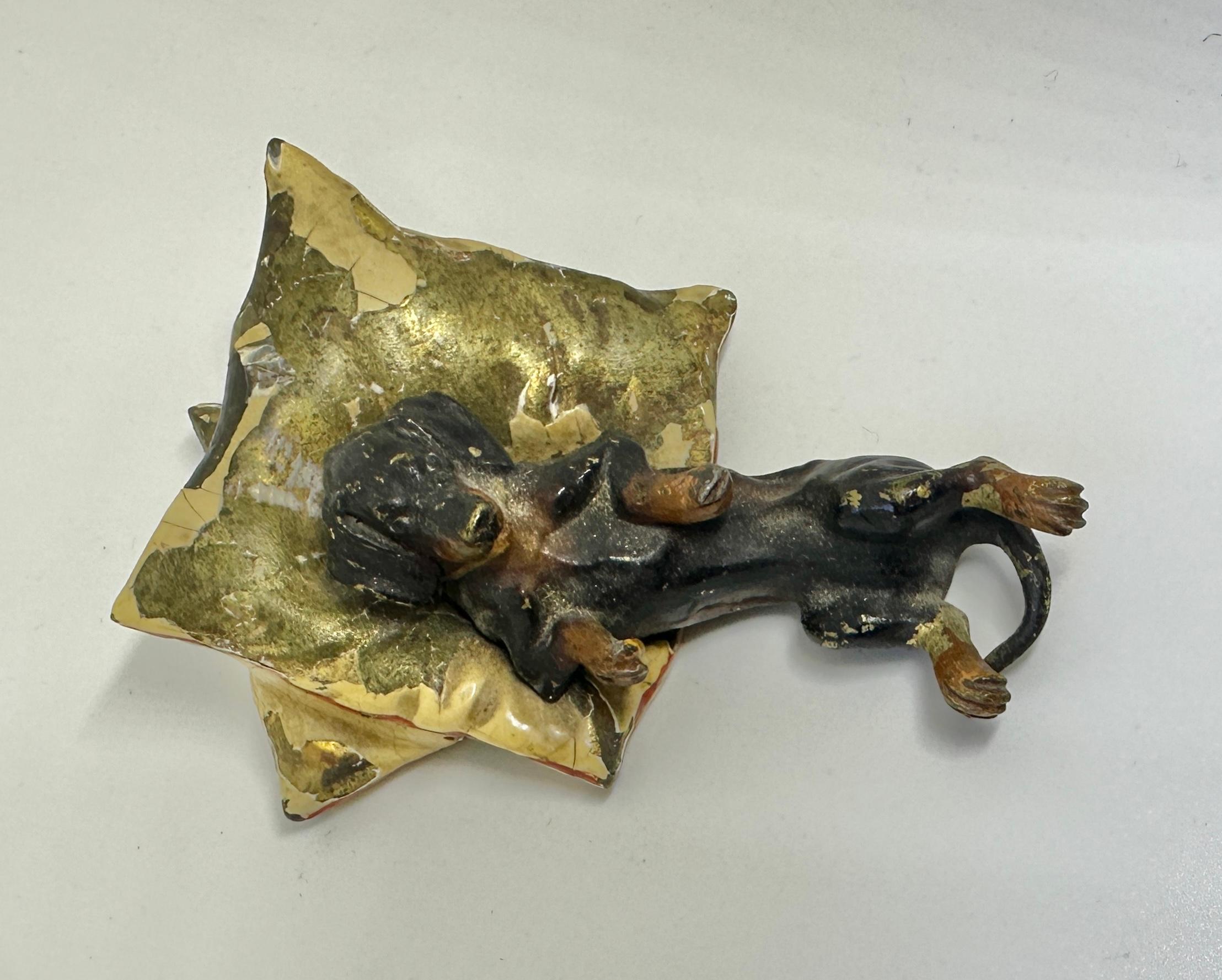 Gilded Age Dachshund Dog Lying On Pillow Austrian Vienna Bronze Circa 1900 Miniature Bronze For Sale