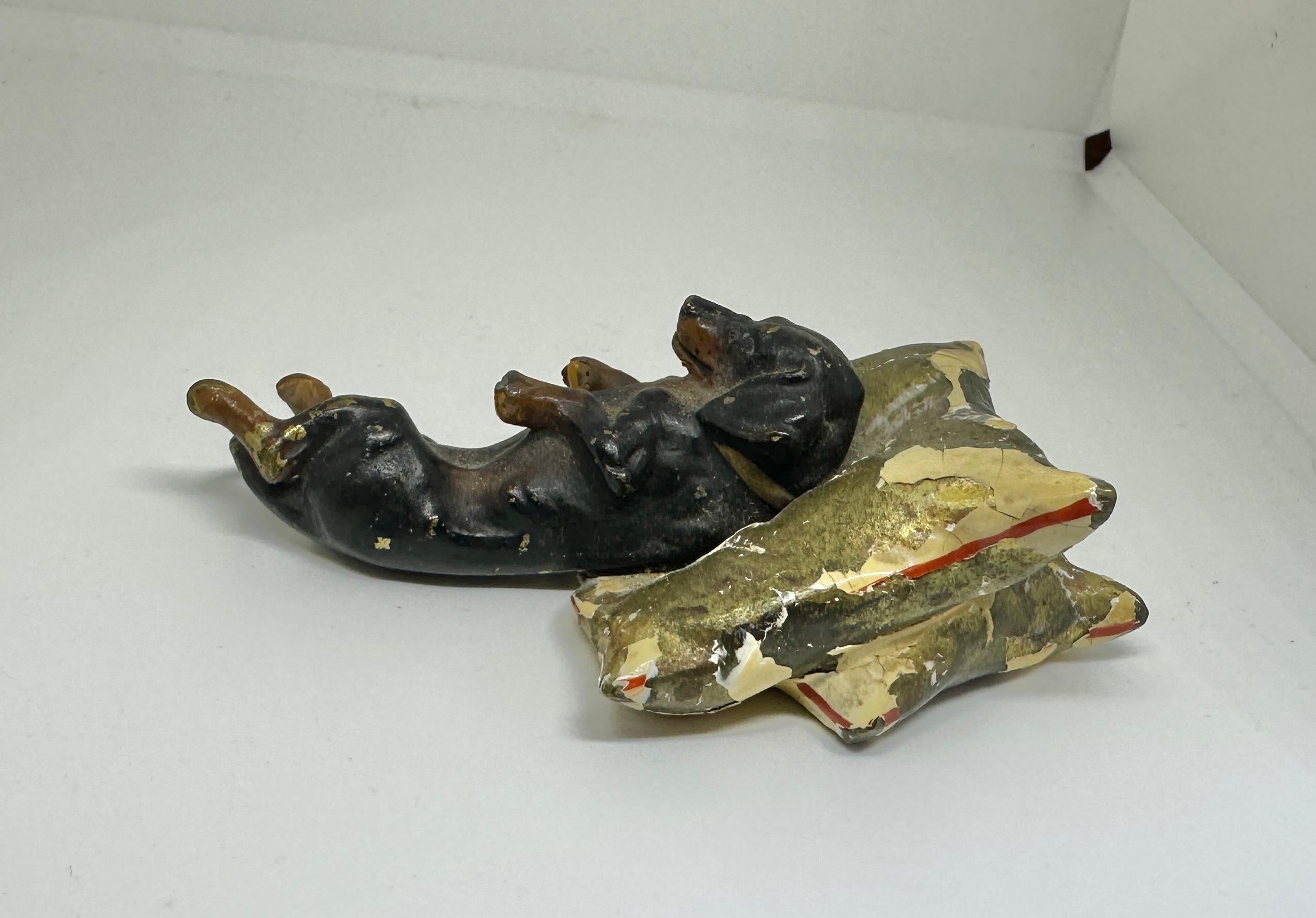 Dachshund Dog Lying On Pillow Austrian Vienna Bronze Circa 1900 Miniature Bronze In Good Condition For Sale In New York, NY