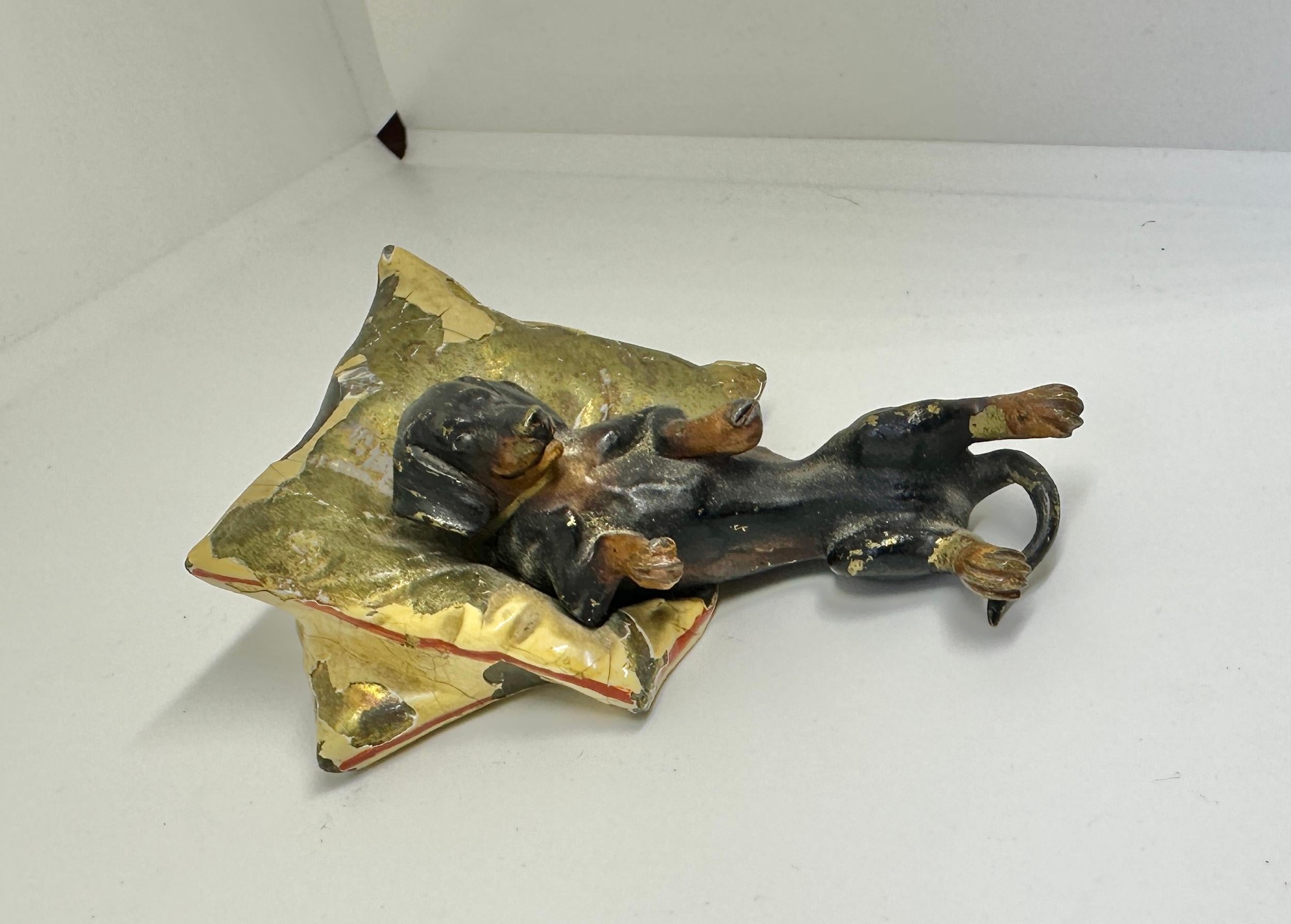Women's or Men's Dachshund Dog Lying On Pillow Austrian Vienna Bronze Circa 1900 Miniature Bronze For Sale