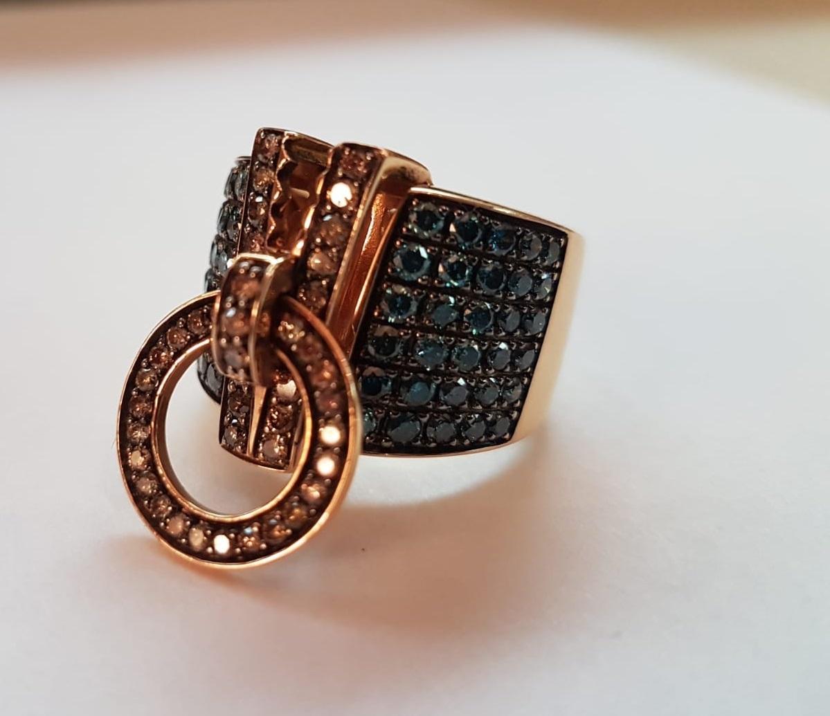 Contemporary Dada Arrigoni Blue and Brown Diamond Zip Ring in Rose Gold For Sale