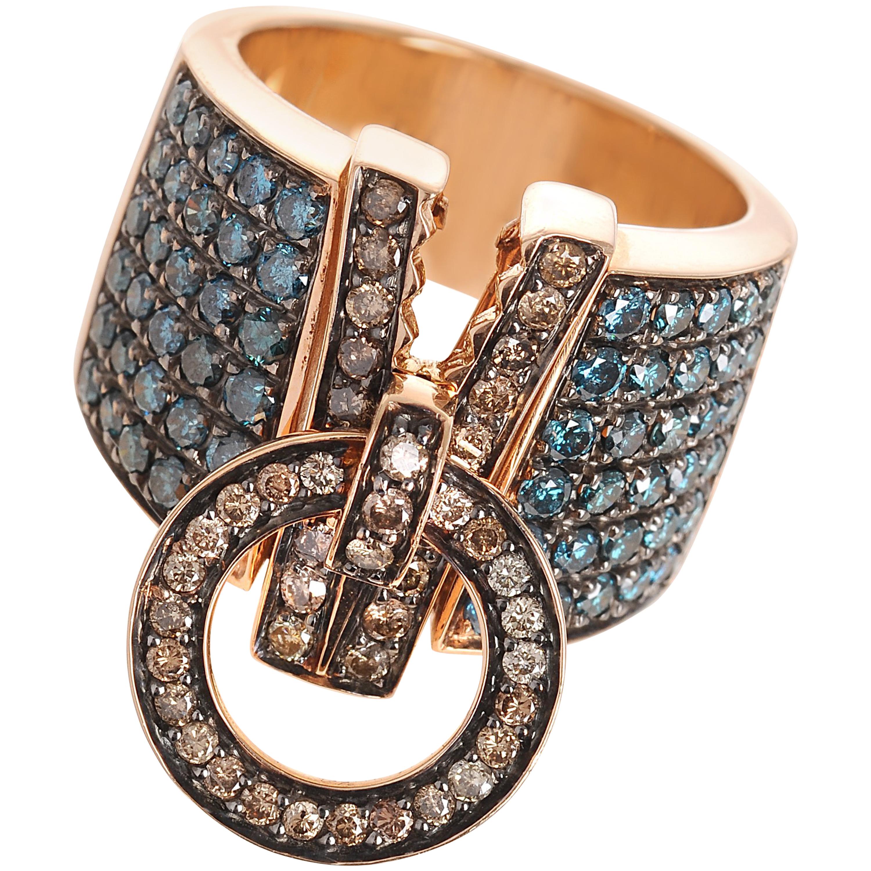 Dada Arrigoni Blue and Brown Diamond Zip Ring in Rose Gold For Sale