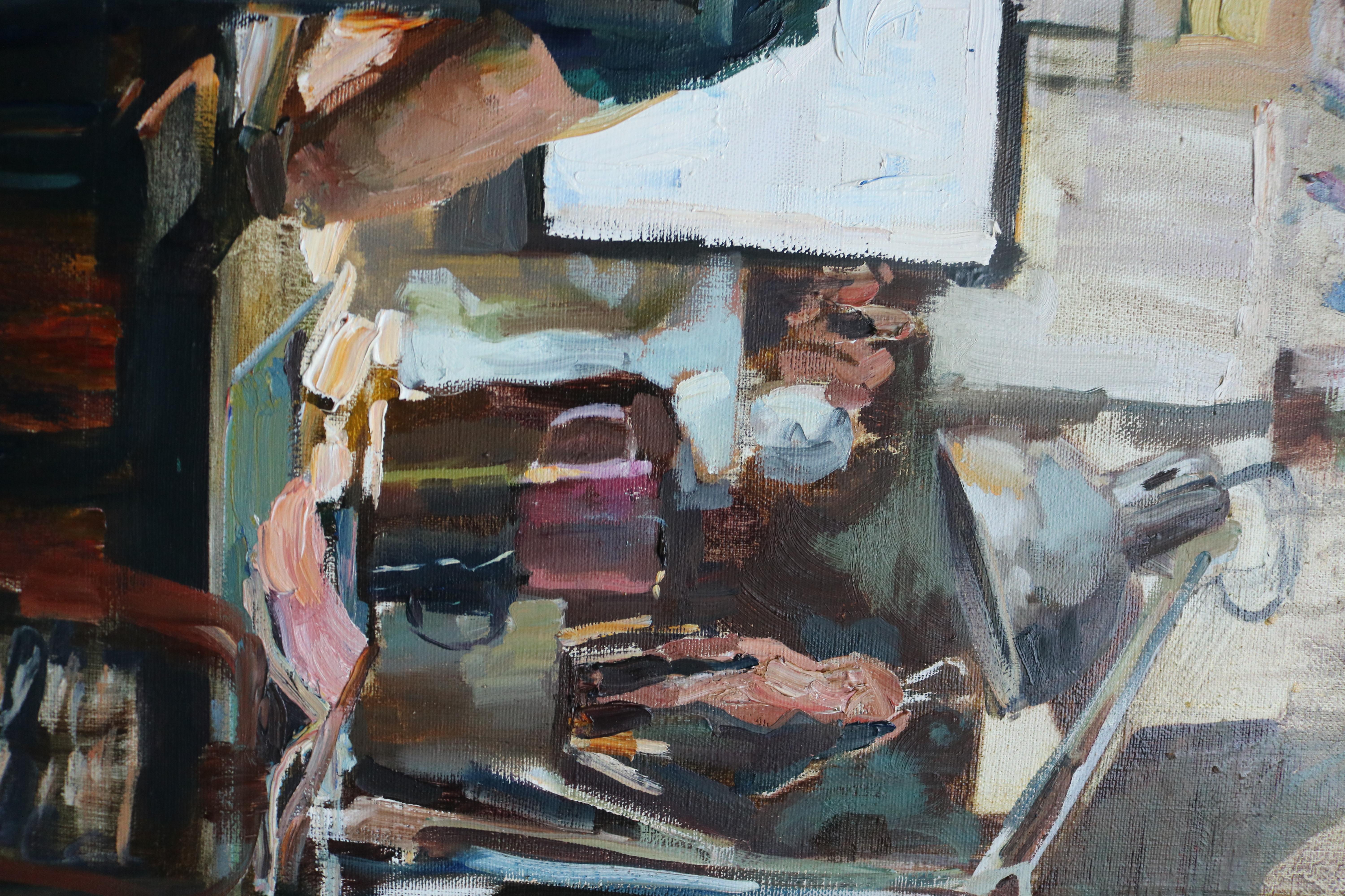 Safe Space – Zeitgenössisches Ölgemälde „Working From Home“, 21. Jahrhundert – Painting von Dada Novikova