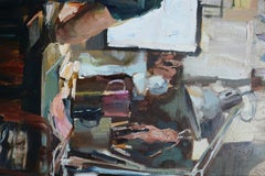 Safe Space - Peinture à l'huile contemporaine du 21e siècle intitulée « Travailler à la maison »