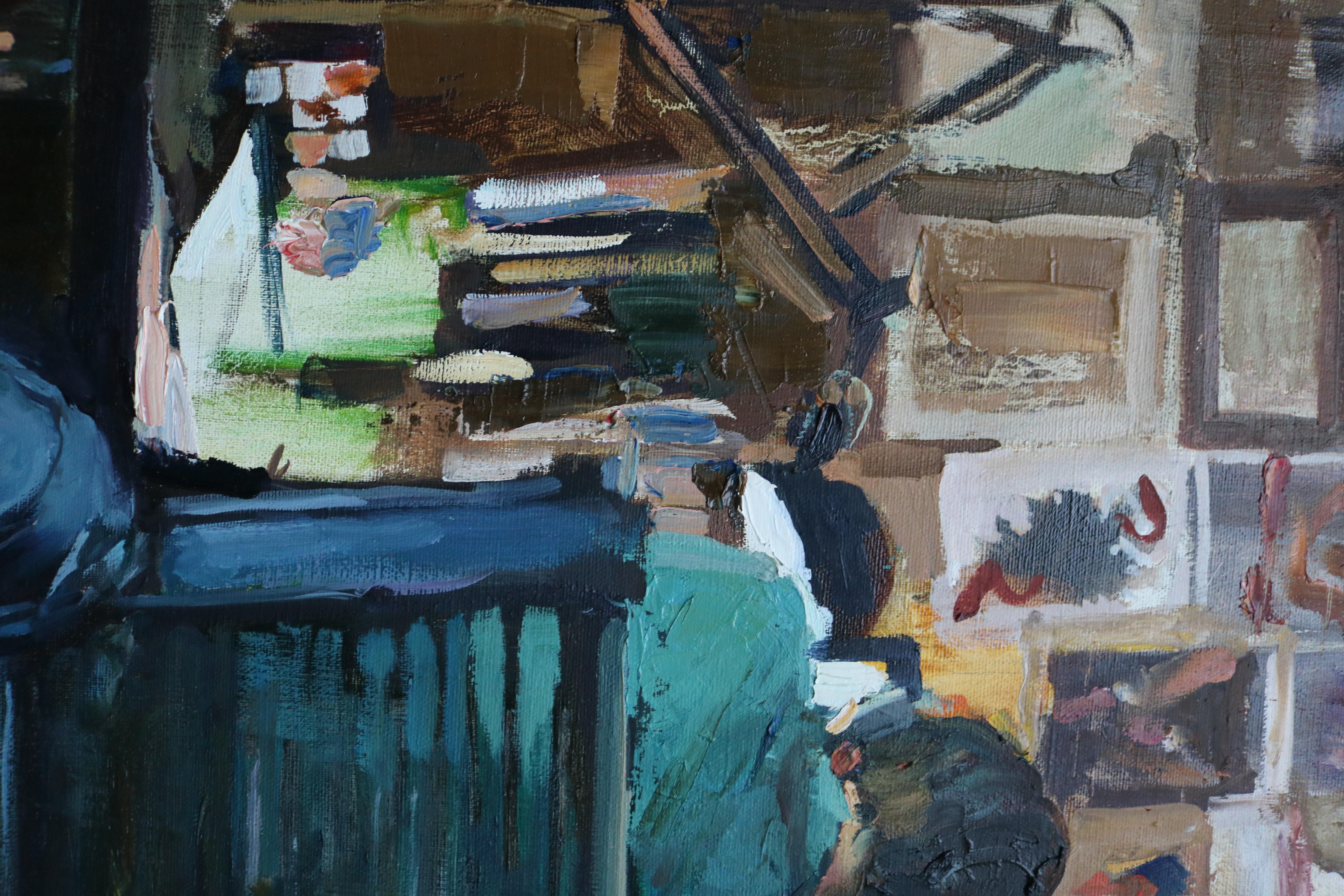 Safe Space – Zeitgenössisches Ölgemälde „Working From Home“, 21. Jahrhundert (Impressionismus), Painting, von Dada Novikova