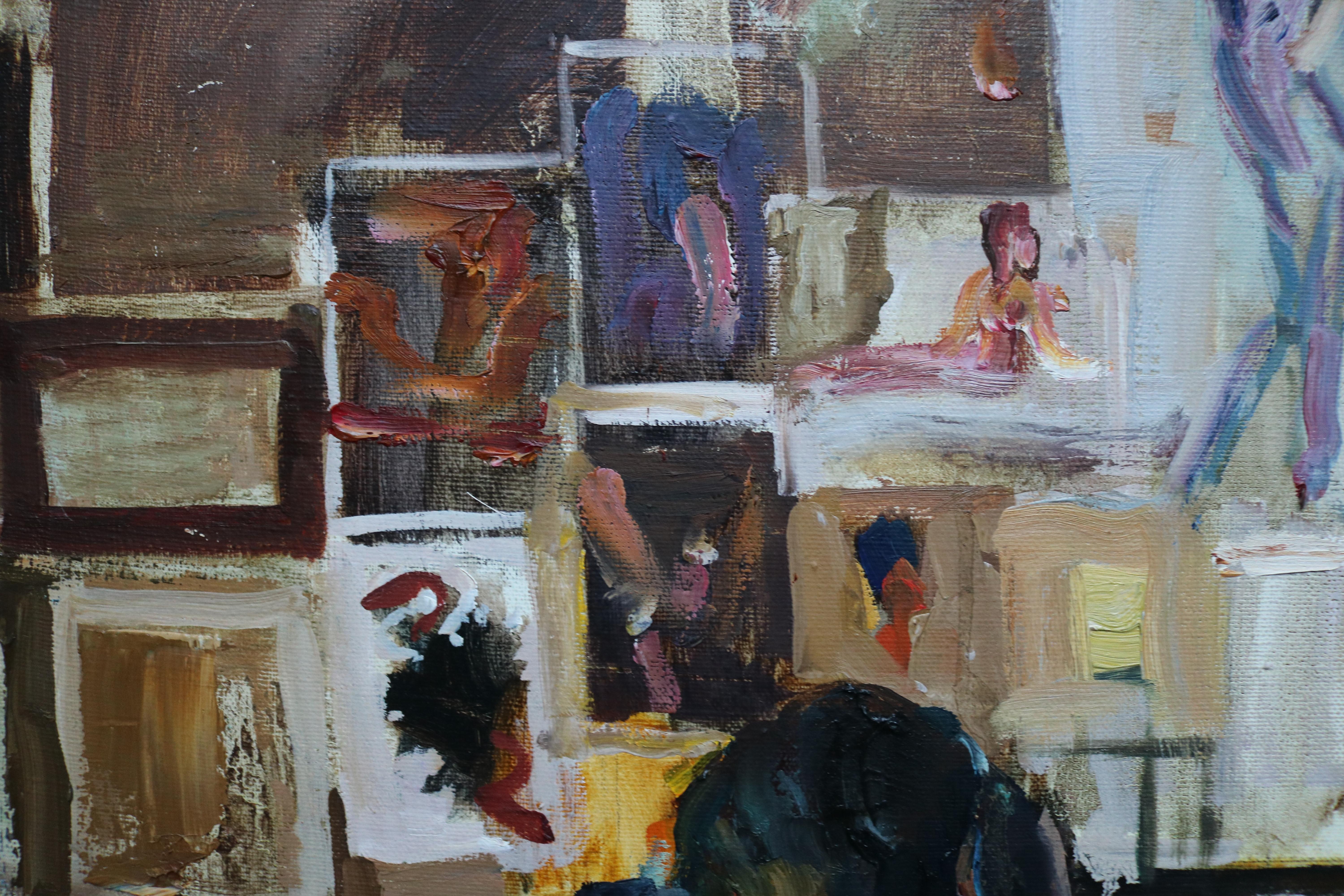 Safe Space – Zeitgenössisches Ölgemälde „Working From Home“, 21. Jahrhundert (Schwarz), Figurative Painting, von Dada Novikova