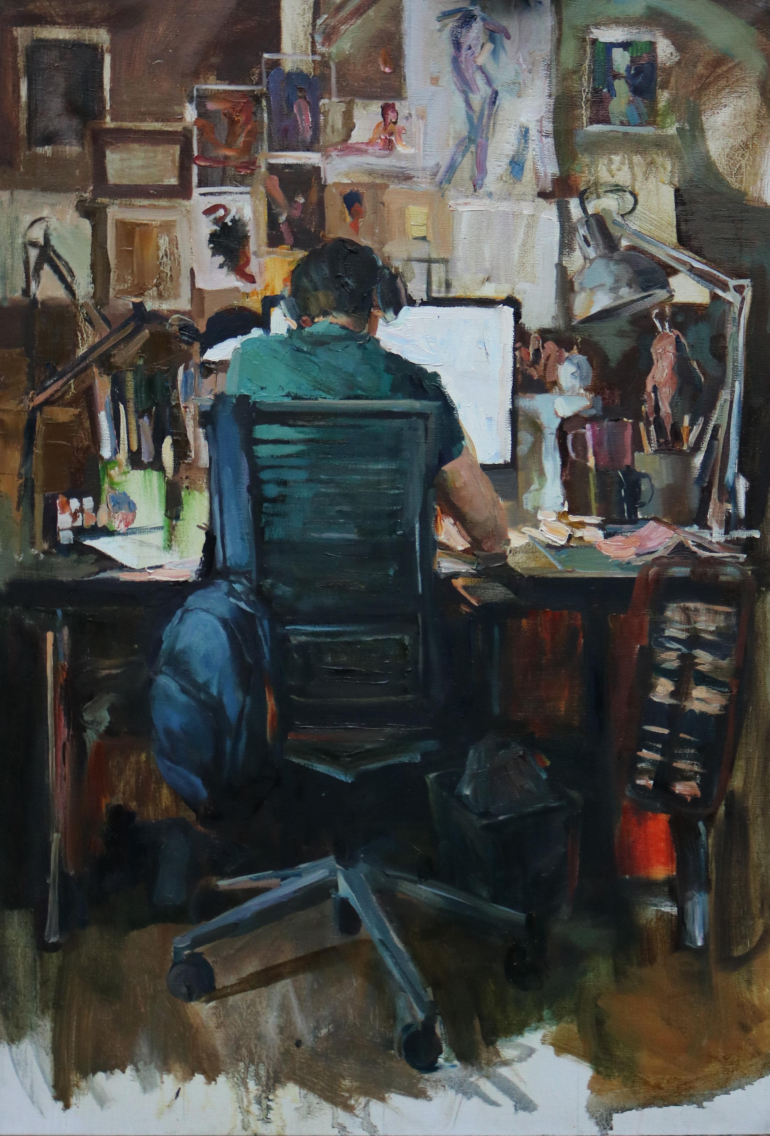 Dada Novikova Figurative Painting – Safe Space – Zeitgenössisches Ölgemälde „Working From Home“, 21. Jahrhundert