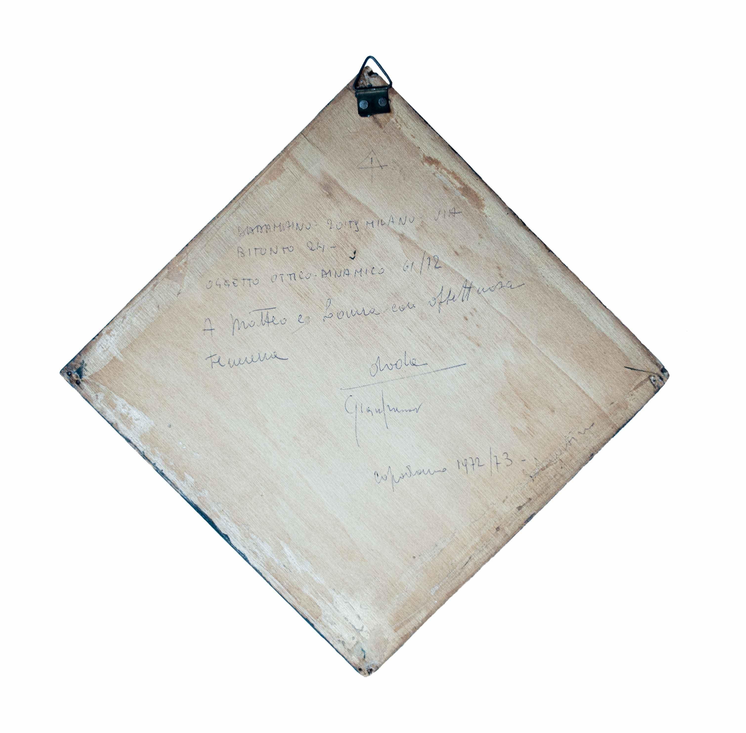 This work is a piece from the 1960s, at the core of her cutting-edge optical-dynamic research. 
This piece is regularly registered at the Dadamaino's Archive in Milan, with no. 002/21, and is also accompanied by the authenticity certificate issued