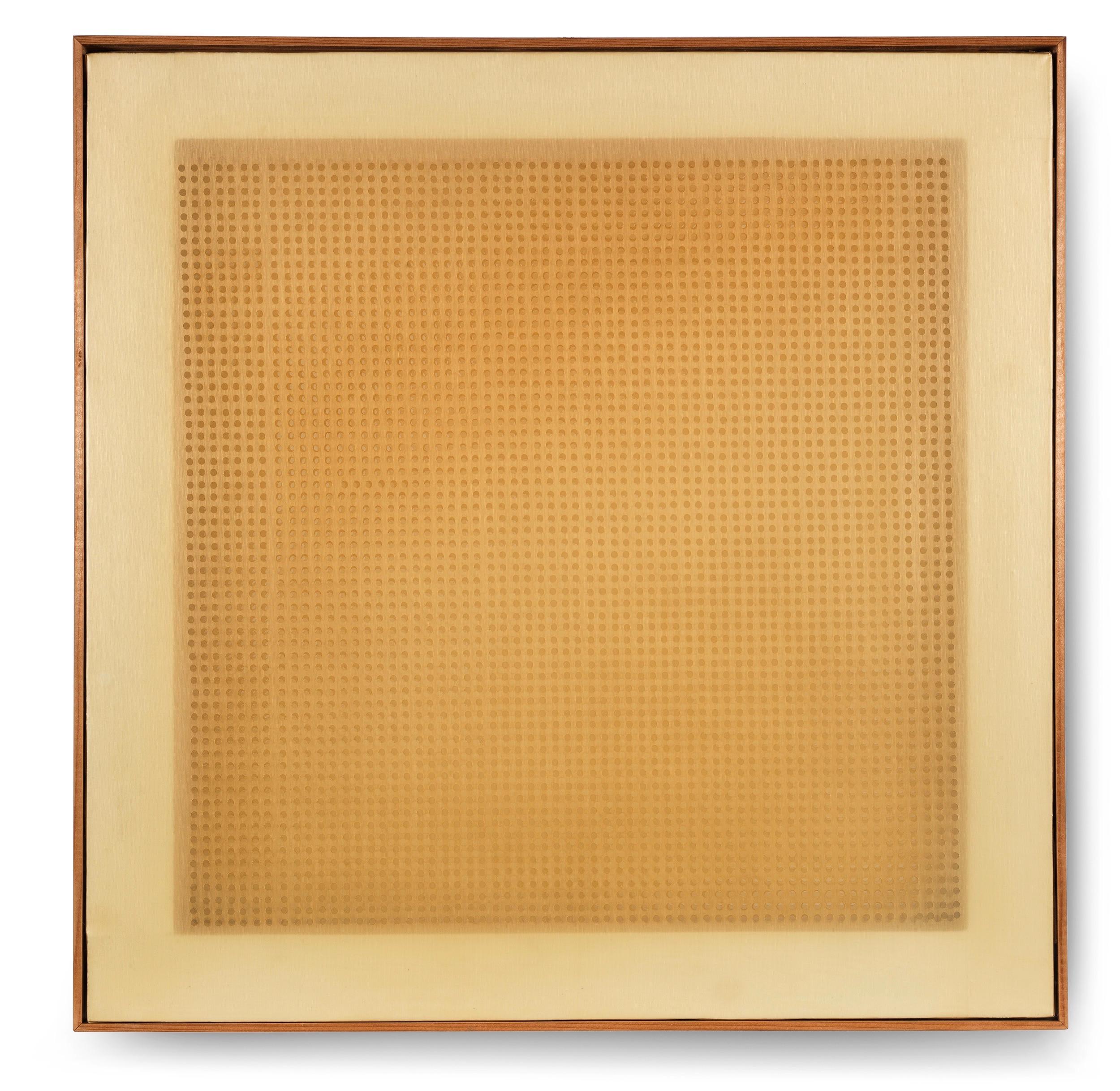 Volume A Moduli Sfasati, 1960, perforated and superimposed plastic canvases  - Brown Abstract Painting by Dadamaino