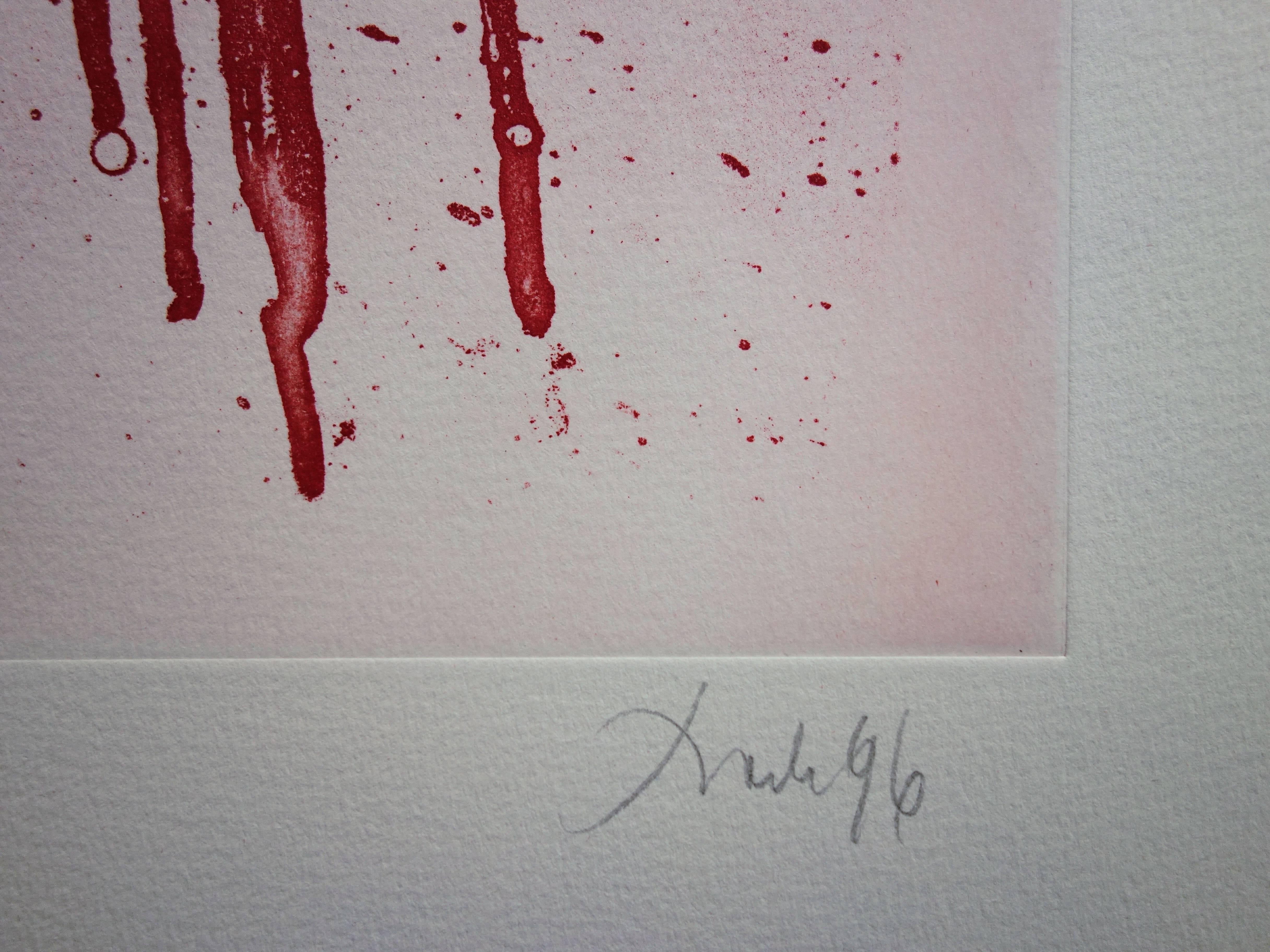 Deux hommes sur un fond rouge - Gravure originale signée à la main / 99ex - Print de Dado (Miodrag Djuric)