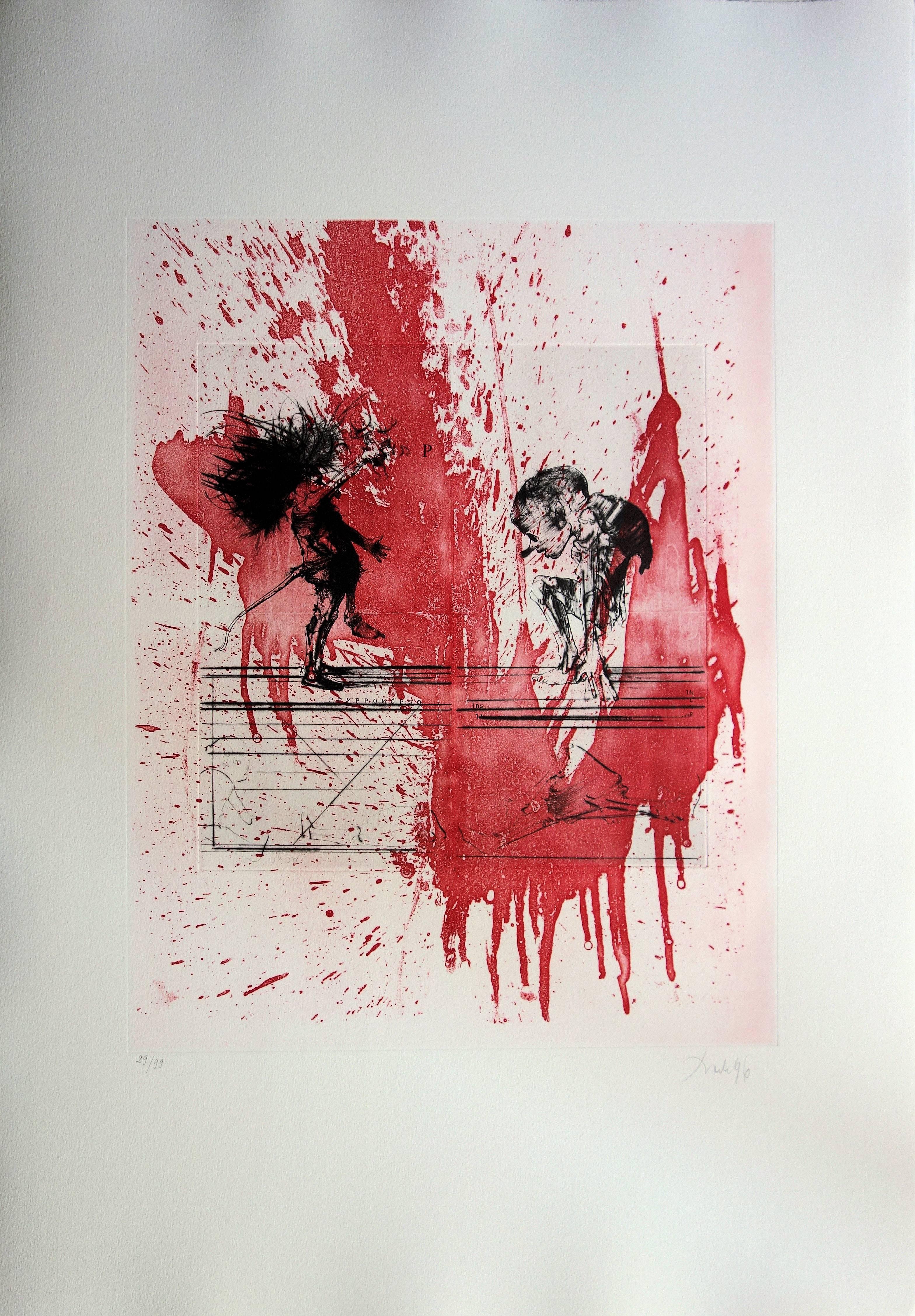 Deux hommes sur un fond rouge - Gravure originale signée à la main / 99ex - Expressionniste Print par Dado (Miodrag Djuric)