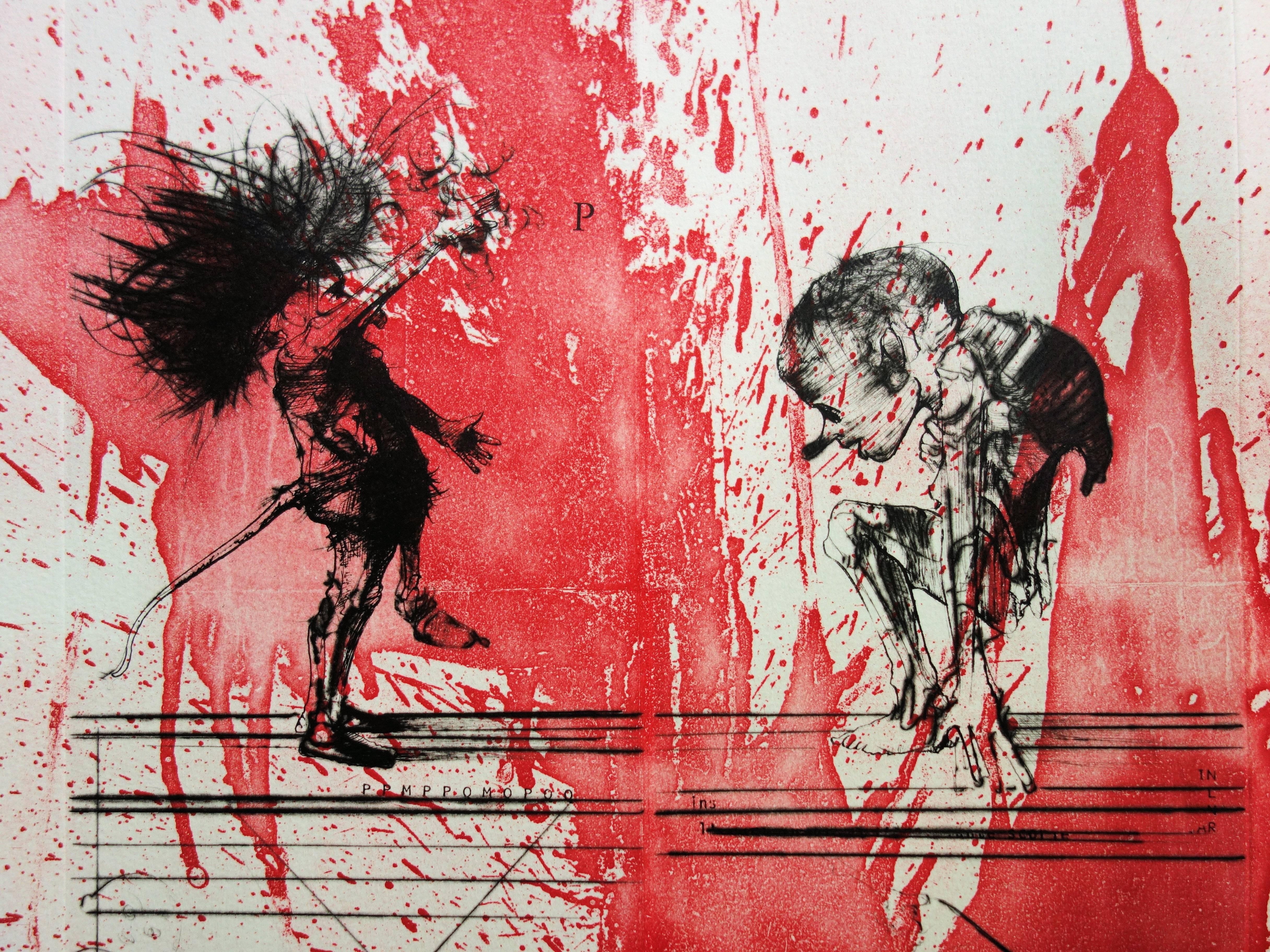 Deux hommes sur un fond rouge - Gravure originale signée à la main / 99ex - Beige Figurative Print par Dado (Miodrag Djuric)