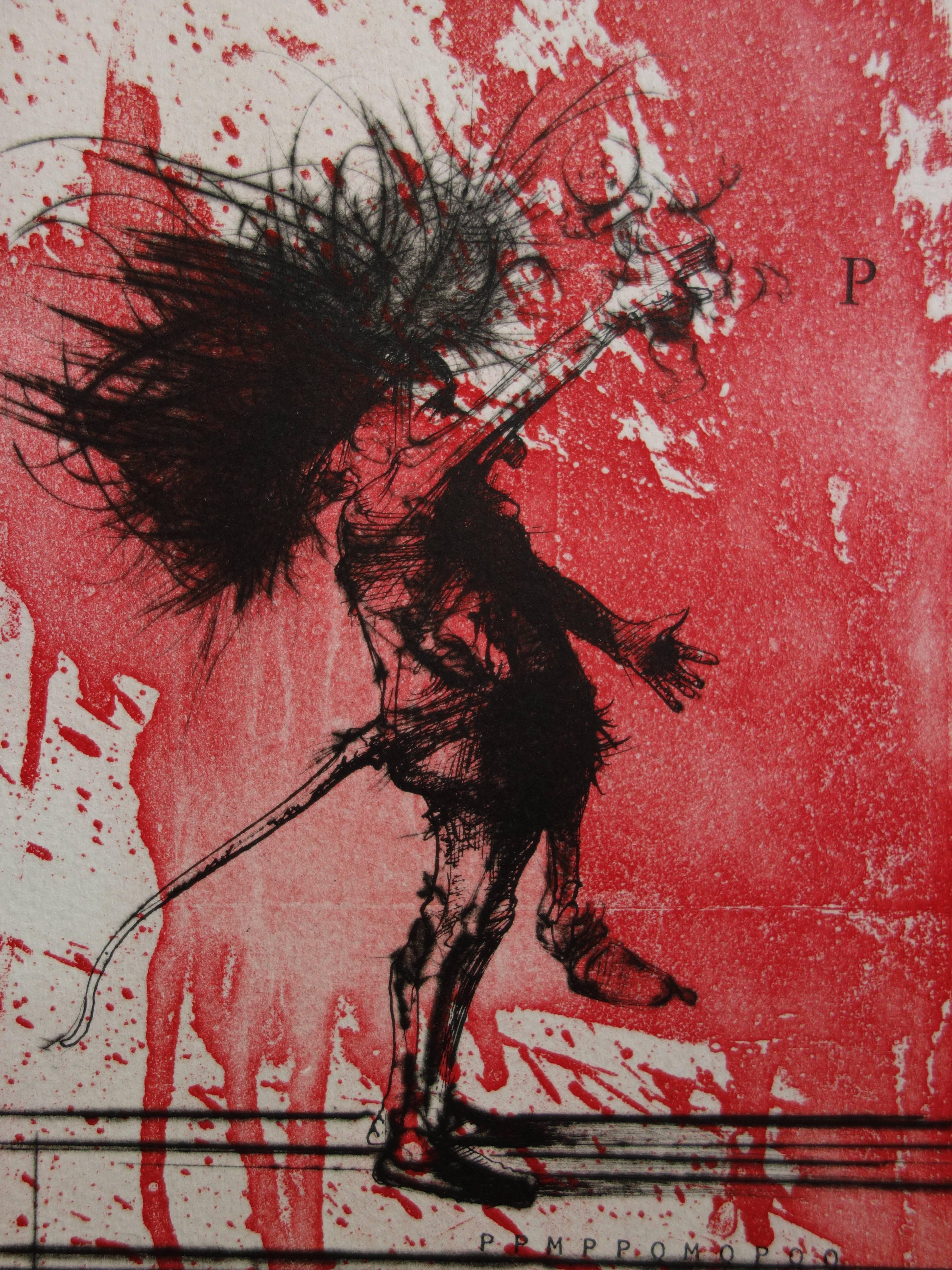 Two Men on a Red Background - Original Handsigned Etching / 99ex - Expressionist Print by Dado (Miodrag Djuric)