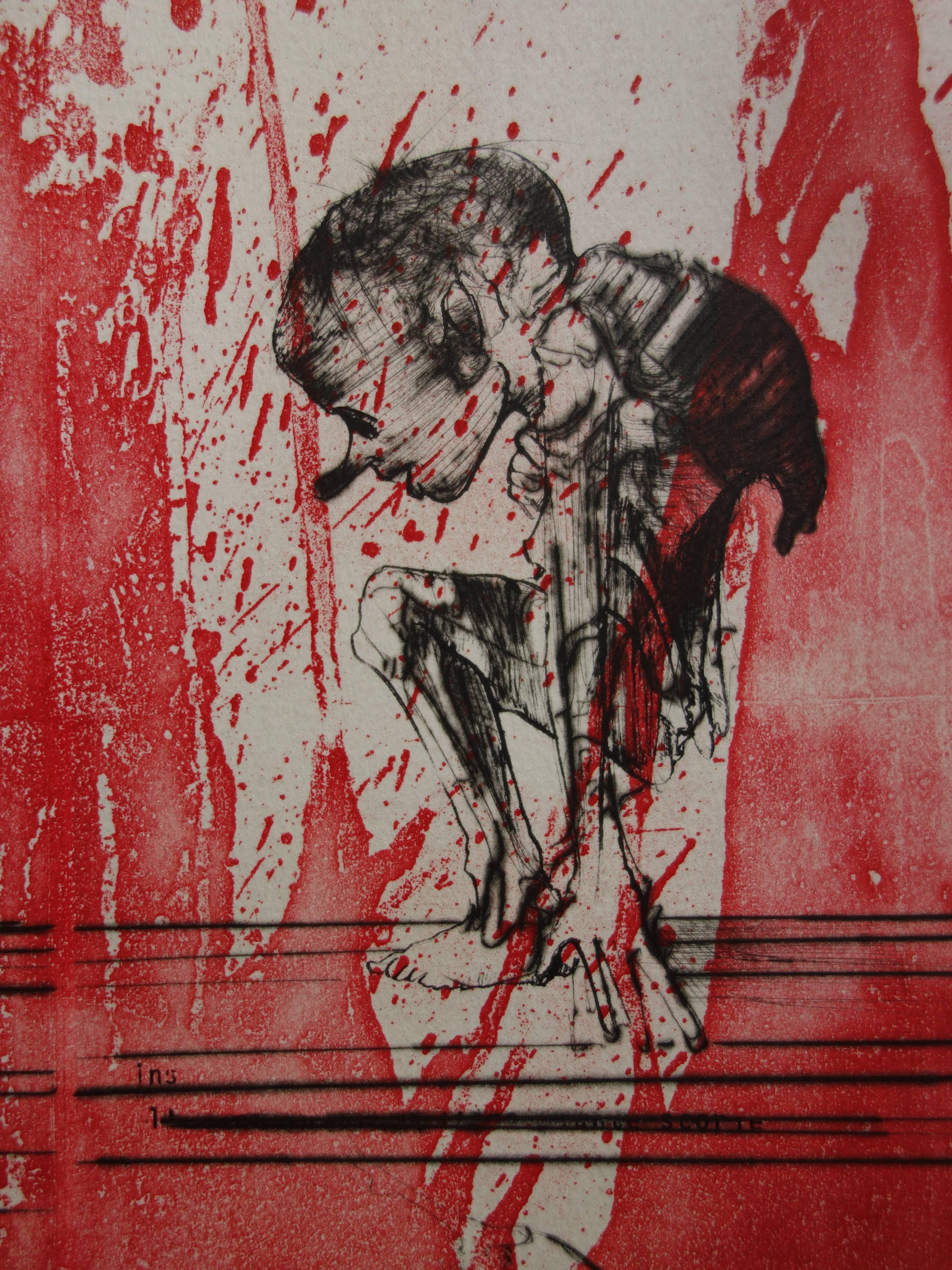 Two Men on a Red Background - Original Handsigned Etching / 99ex - Beige Figurative Print by Dado (Miodrag Djuric)