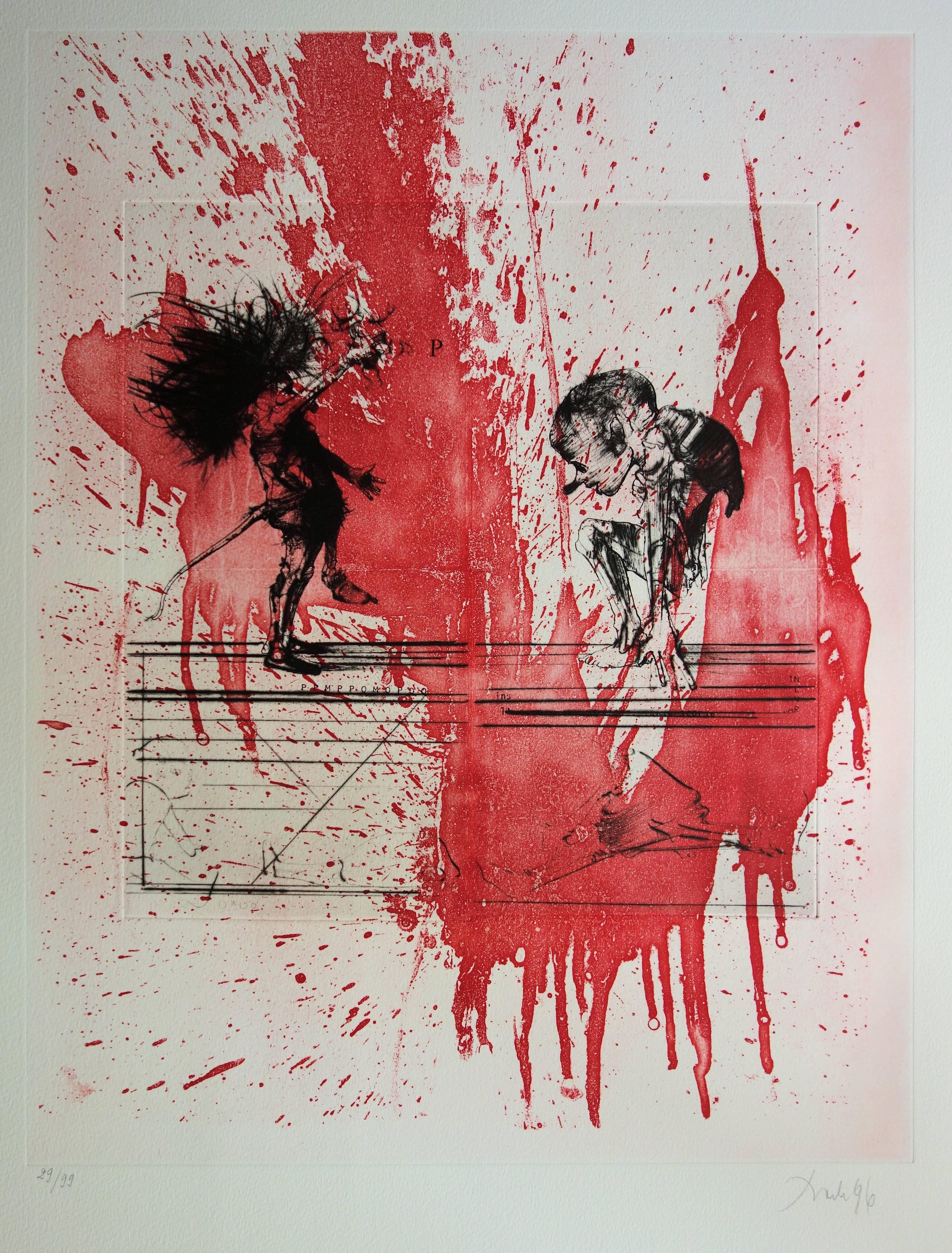 Figurative Print Dado (Miodrag Djuric) - Deux hommes sur un fond rouge - Gravure originale signée à la main / 99ex